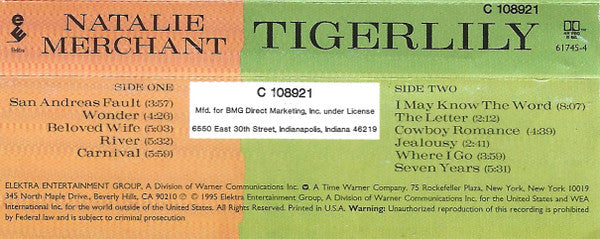 Natalie Merchant - Tigerlily (CASSETTE) | Excellent (EX) Excellent (EX)