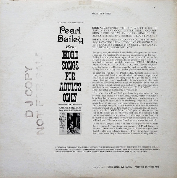 Pearl Bailey - More Songs For Adults Only | Excellent (EX) Very Good Plus (VG+)