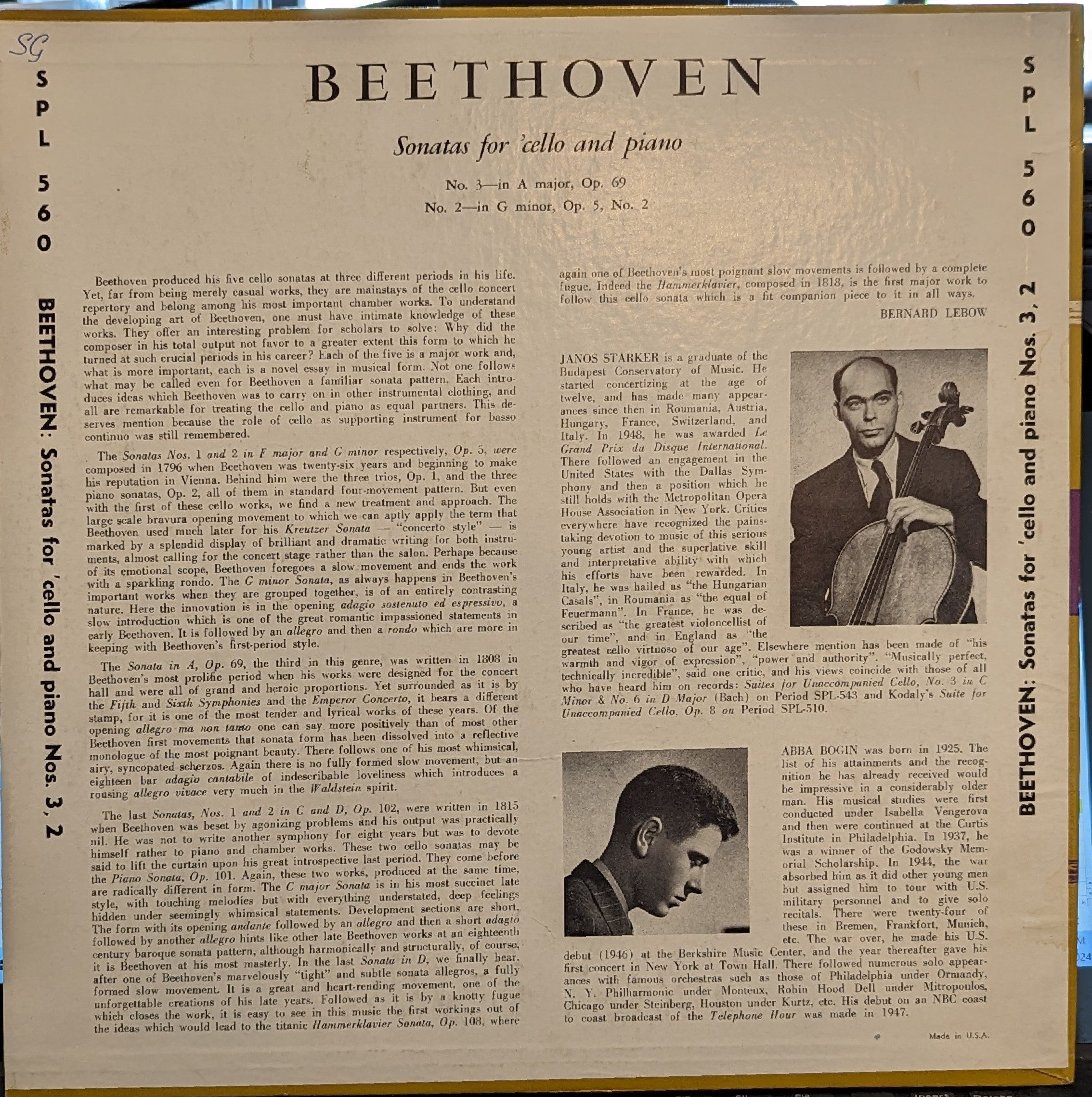 Sonatas For 'Cello and Piano | Excellent (EX) Near Mint (NM)
