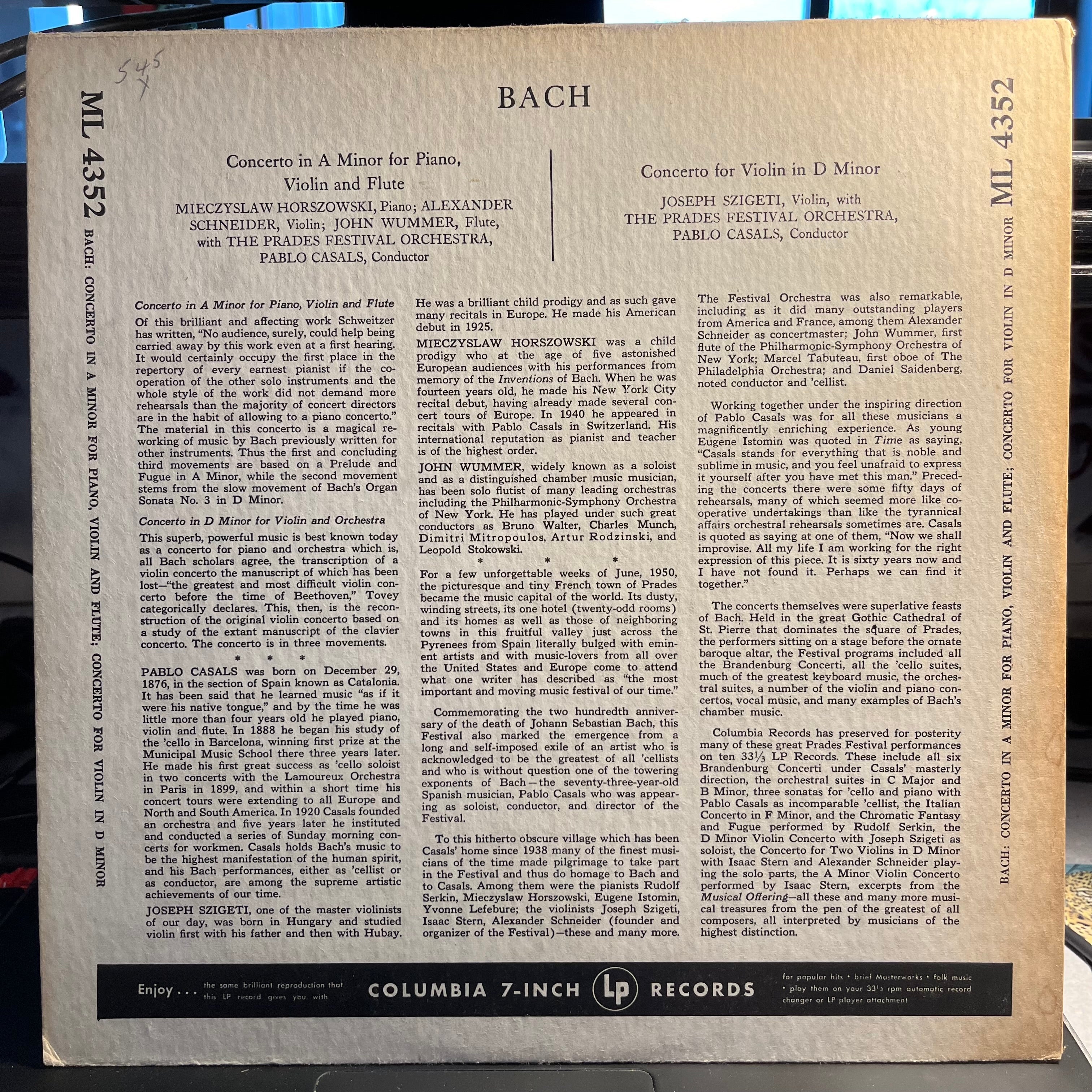 Johann Sebastian Bach - Prades Festival - Vol. 8 | Excellent (EX) Excellent (EX)