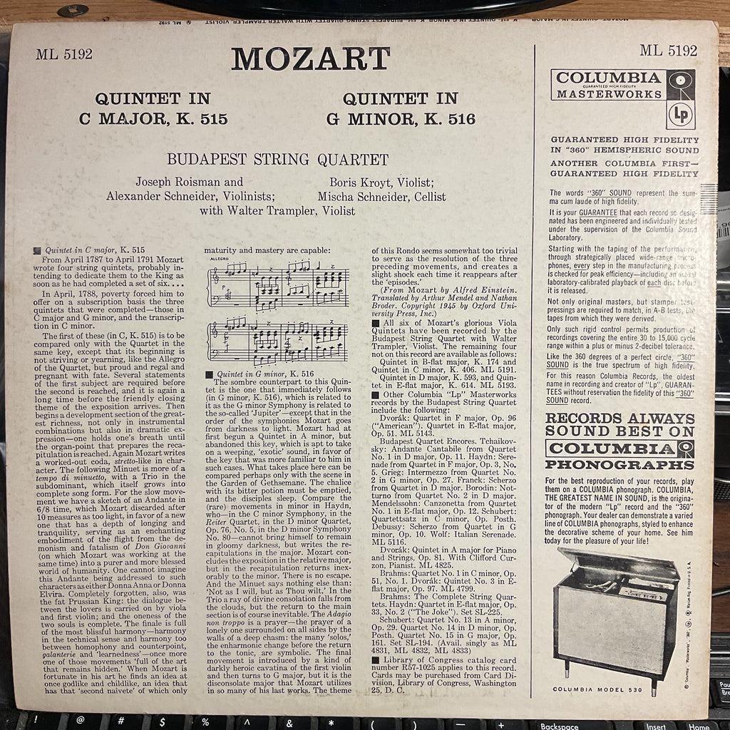 Wolfgang Amadeus Mozart - Quintet For Viola And Strings In C Major, K. 515 (VINYL) | Excellent+ (EX+) Near Mint (NM)