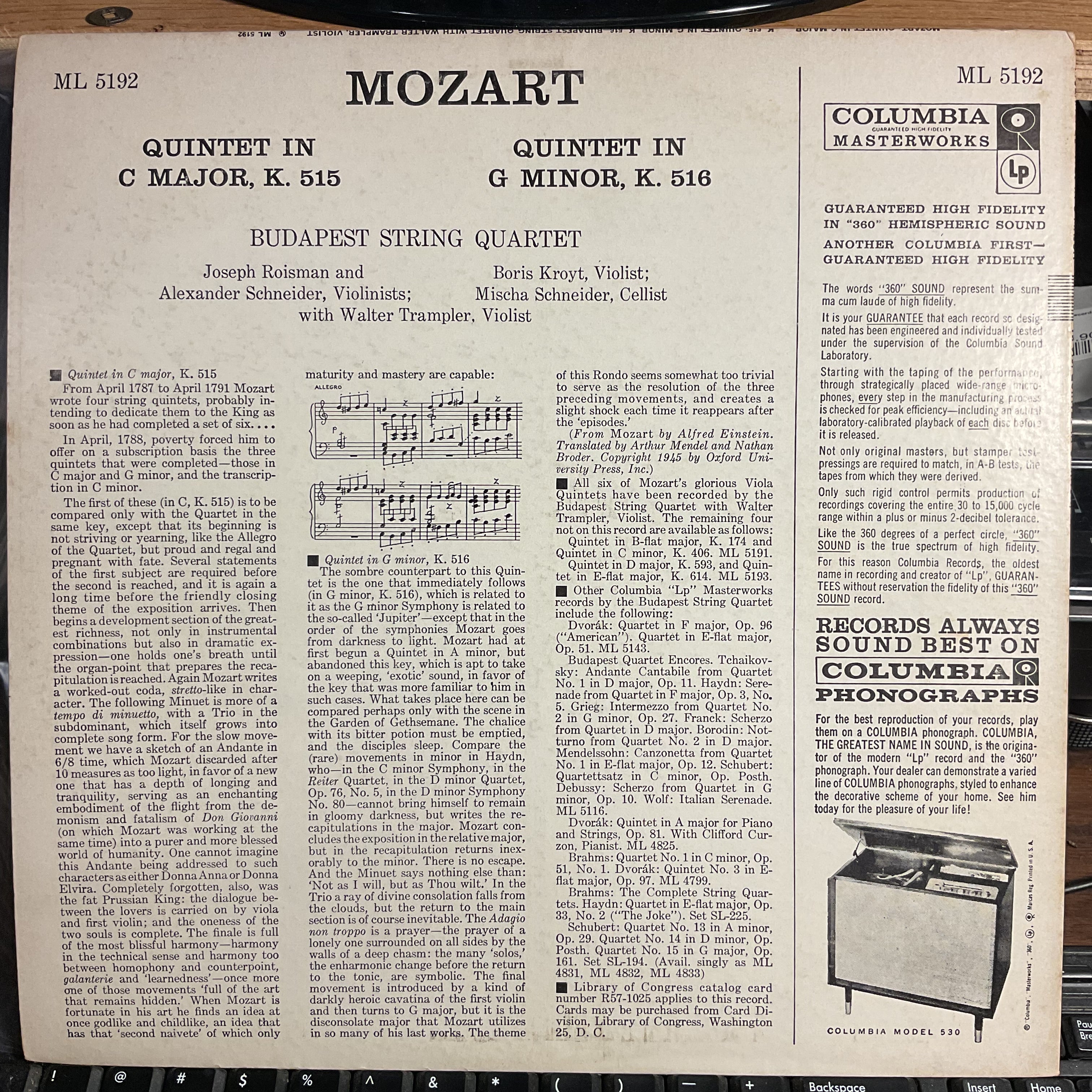 Wolfgang Amadeus Mozart - Quintet For Viola And Strings In C Major, K. 515 (VINYL) | Excellent+ (EX+) Near Mint (NM)