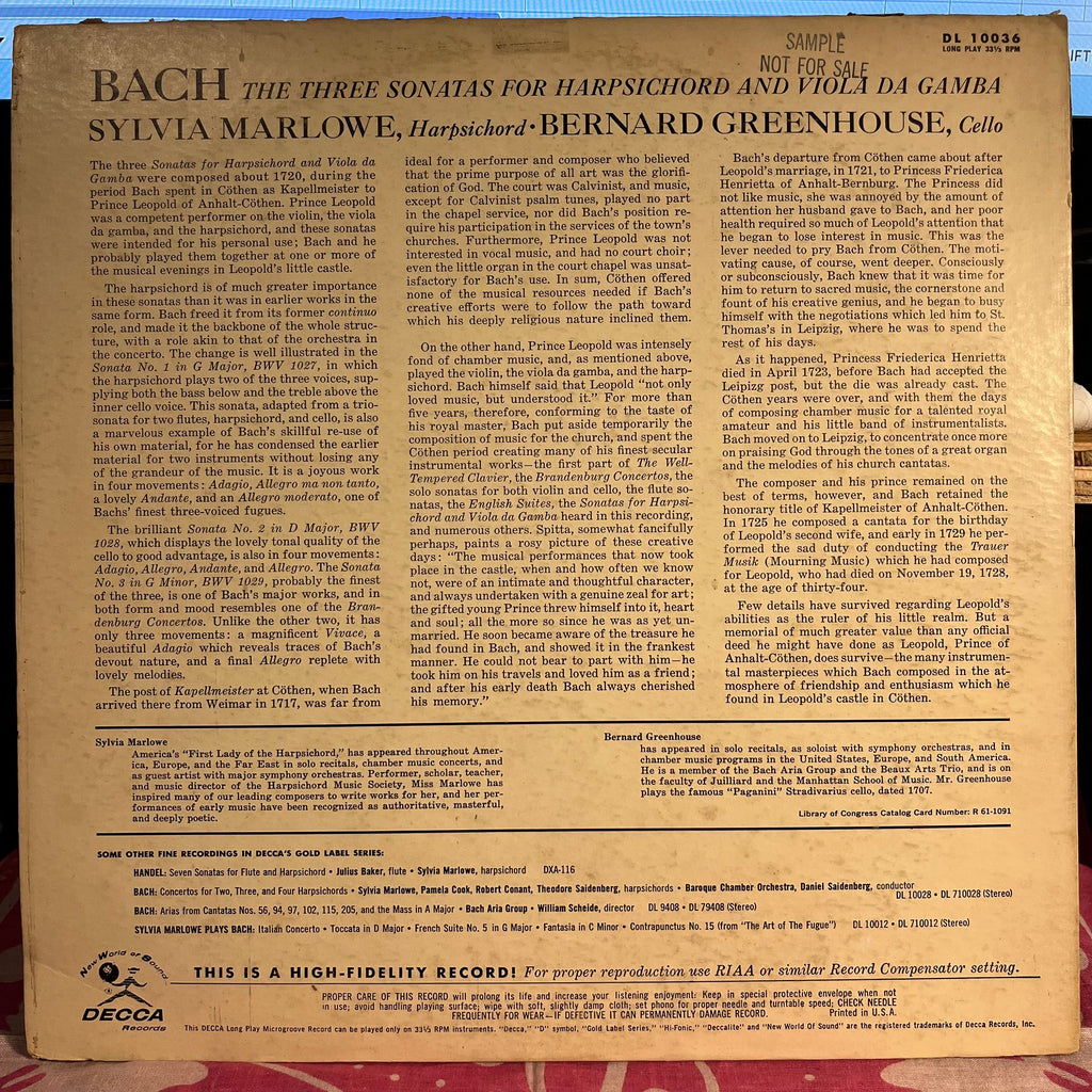 Johann Sebastian Bach - The Three Sonatas For Harpsichord And Viola Da Gamba | Excellent (EX) Very Good Plus (VG+)