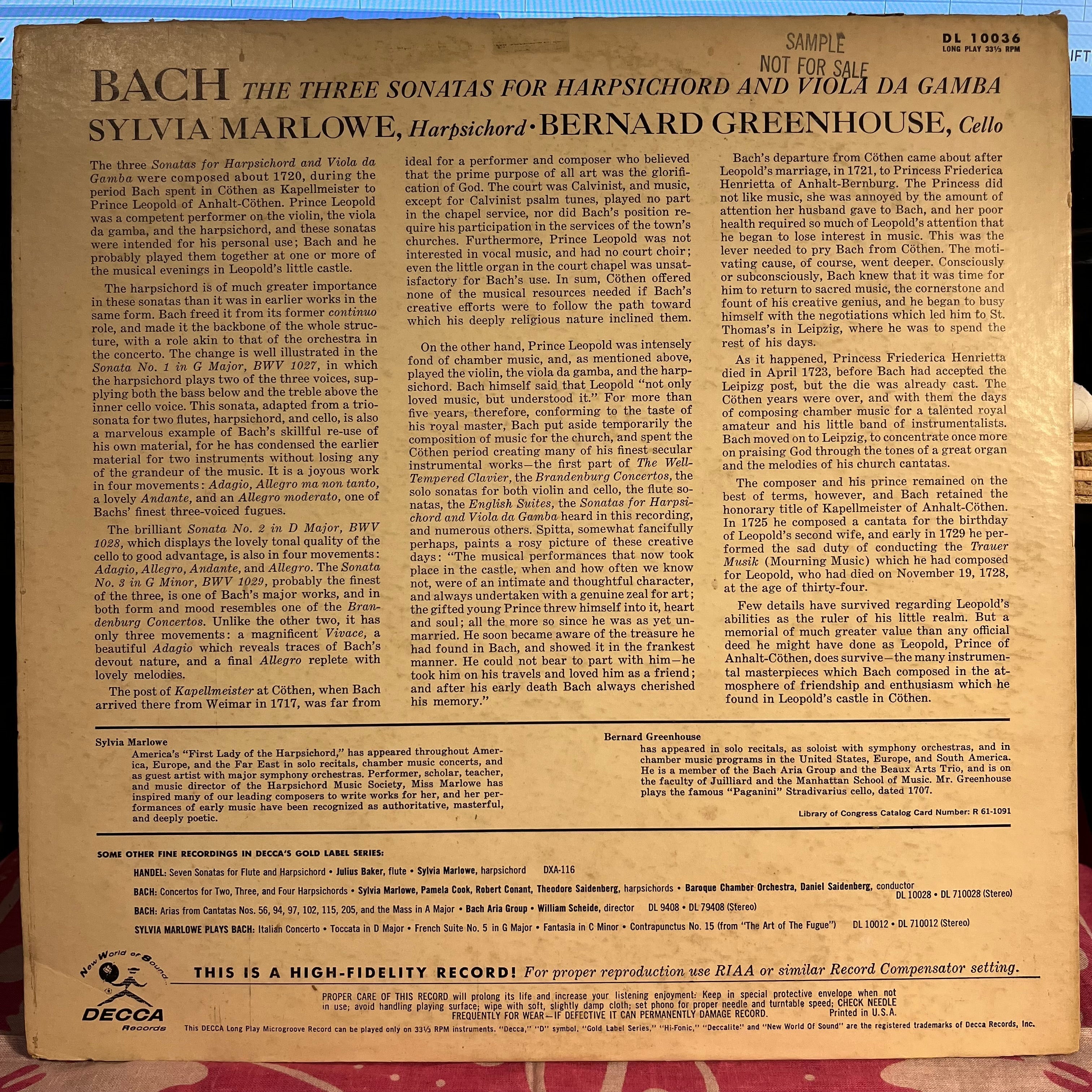 Johann Sebastian Bach - The Three Sonatas For Harpsichord And Viola Da Gamba | Excellent (EX) Very Good Plus (VG+)
