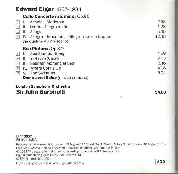 Sir Edward Elgar - Cello Concerto • Sea Pictures (CD) | Excellent+ (EX+) Excellent (EX)