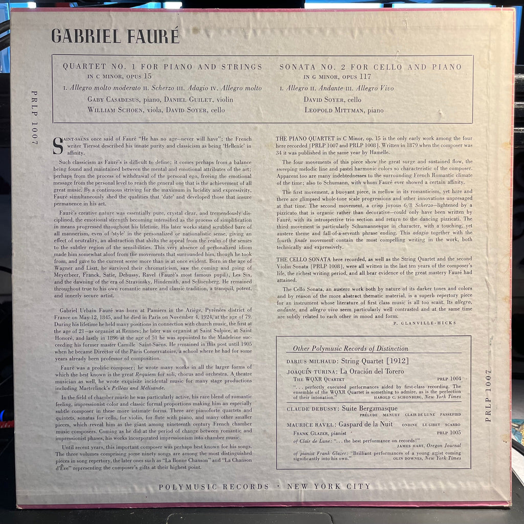 Quartet No. 1 For Piano And Strings In C Minor, Opus 15 / Sonata No. 2 For Cello And Piano In G Minor, Opus 117 | Excellent (EX) Very Good Plus (VG+)