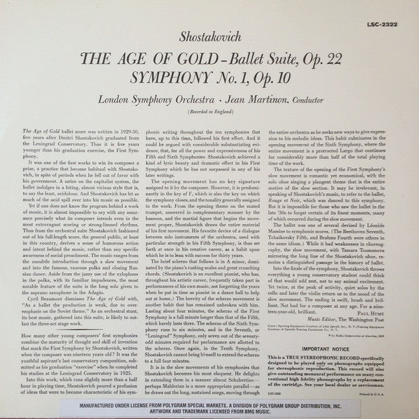 The Age Of Gold Ballet Suite And Symphony No. 1 (VINYL) | Mint (M) Excellent+ (EX+)
