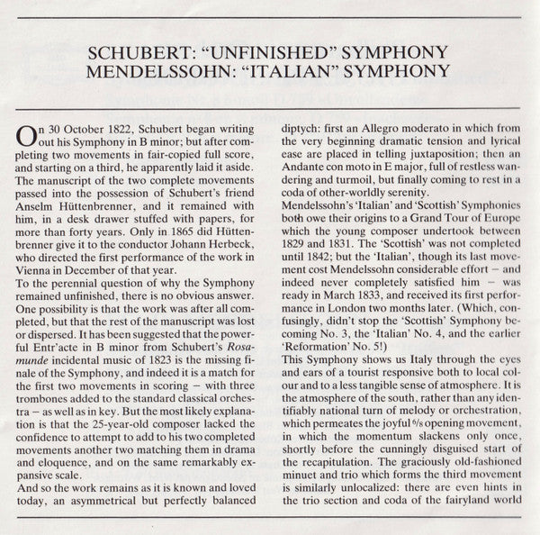 Schubert: Symphony No.8 "Unfinished" / Mendelssohn: Symphony No.4 "Italian" (CD) | Near Mint (NM) Near Mint (NM)