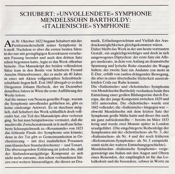 Schubert: Symphony No.8 "Unfinished" / Mendelssohn: Symphony No.4 "Italian" (CD) | Near Mint (NM) Near Mint (NM)