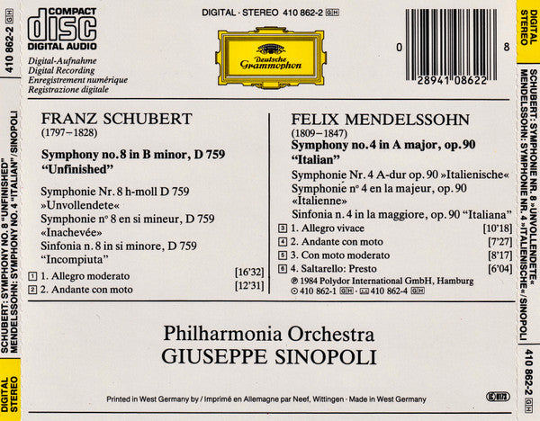 Schubert: Symphony No.8 "Unfinished" / Mendelssohn: Symphony No.4 "Italian" (CD) | Near Mint (NM) Near Mint (NM)