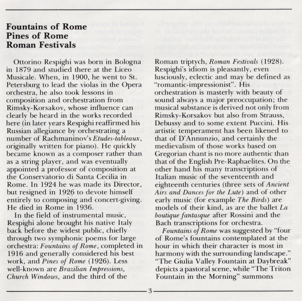 Ottorino Respighi - Pines Of Rome • Fountains Of Rome • Feste Romane (CD) | Near Mint (NM) Near Mint (NM)