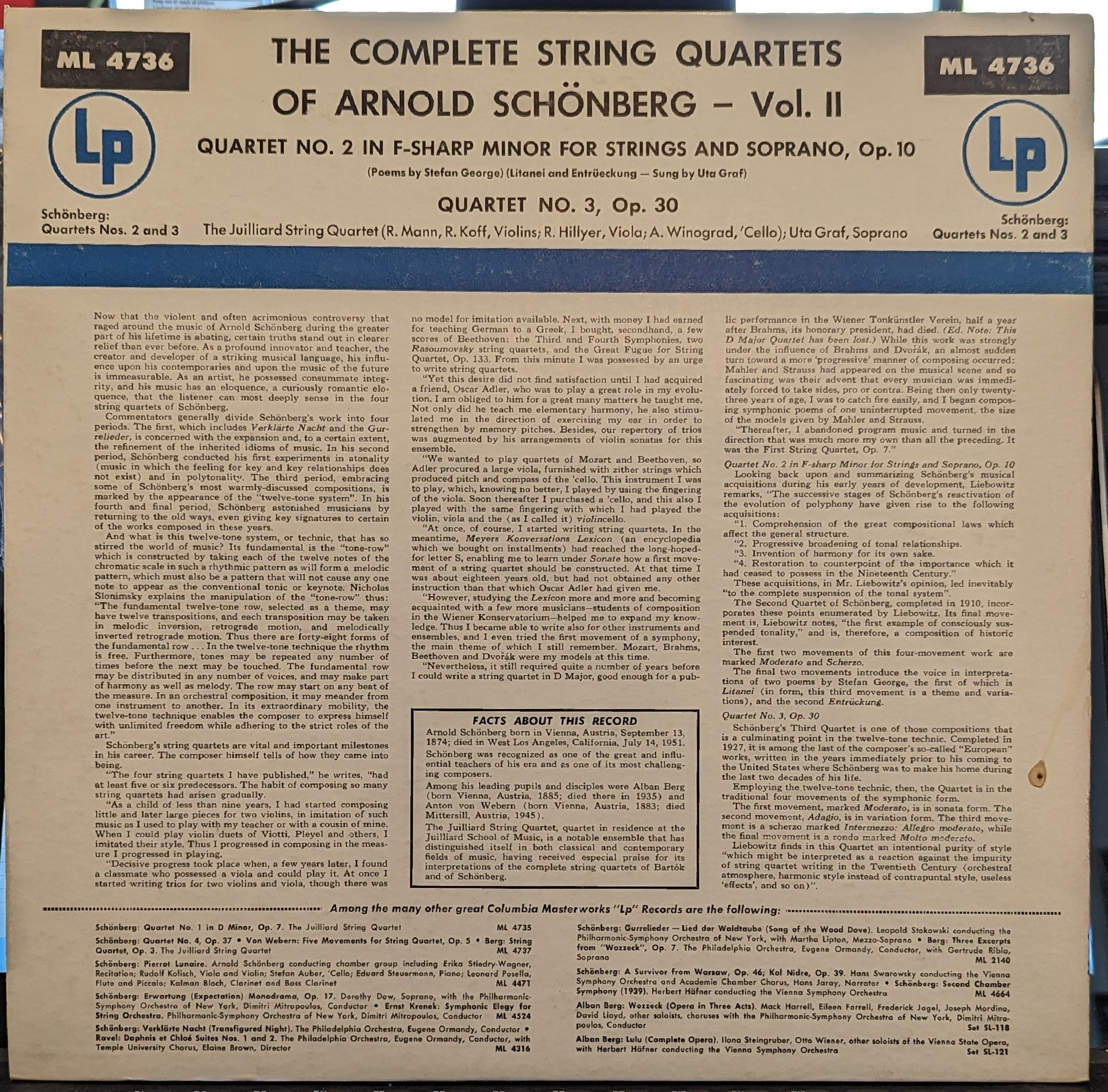 Arnold Schoenberg - Quartet No. 2 In F-Sharp Minor For Strings And Soprano, Op. 10 / Quartet No. 3, Op. 30 | Near Mint (NM) Near Mint (NM)