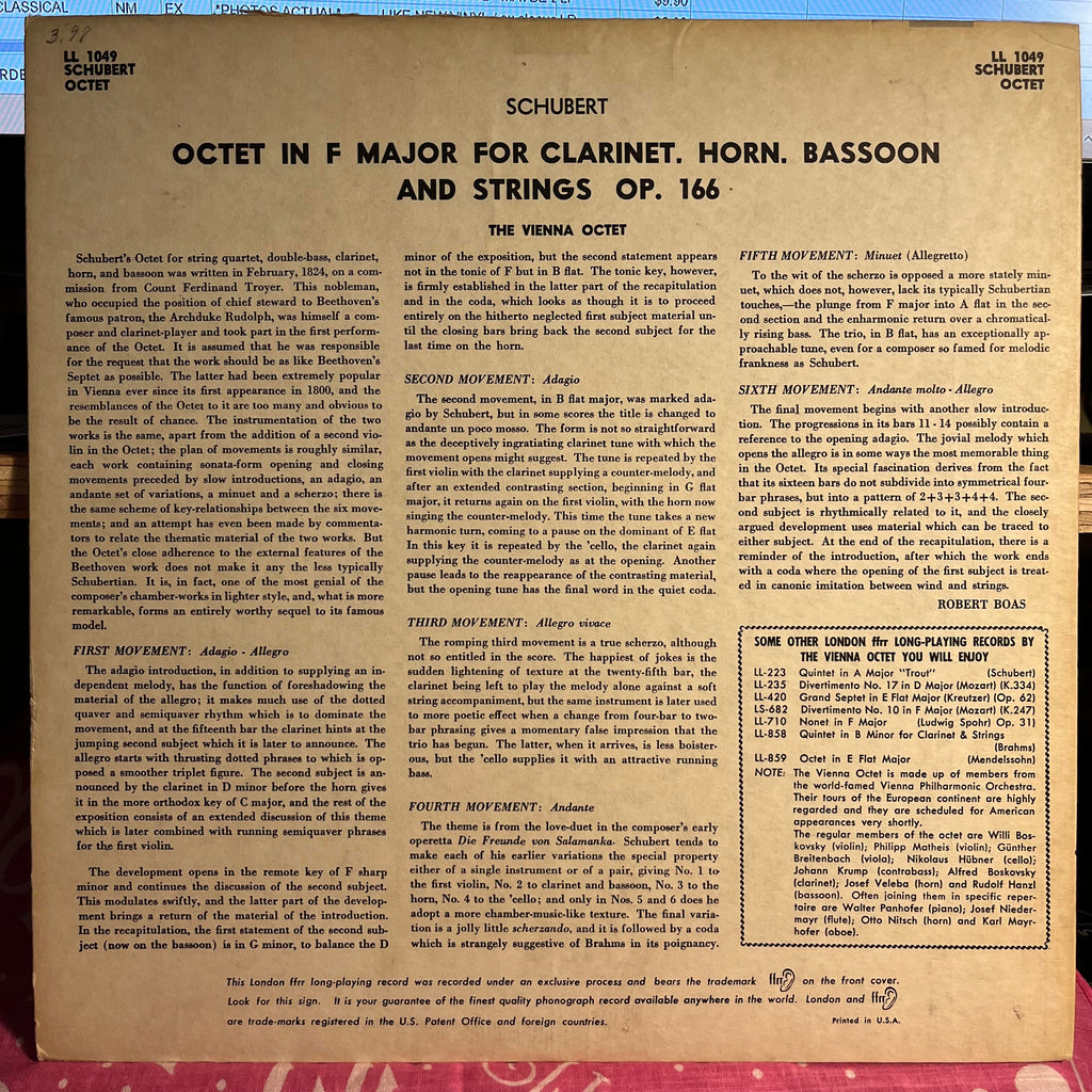 Franz Schubert - Octet In F Major Opus 166 For Clarinet, Horn, Bassoon And Strings | Near Mint (NM) Excellent (EX)