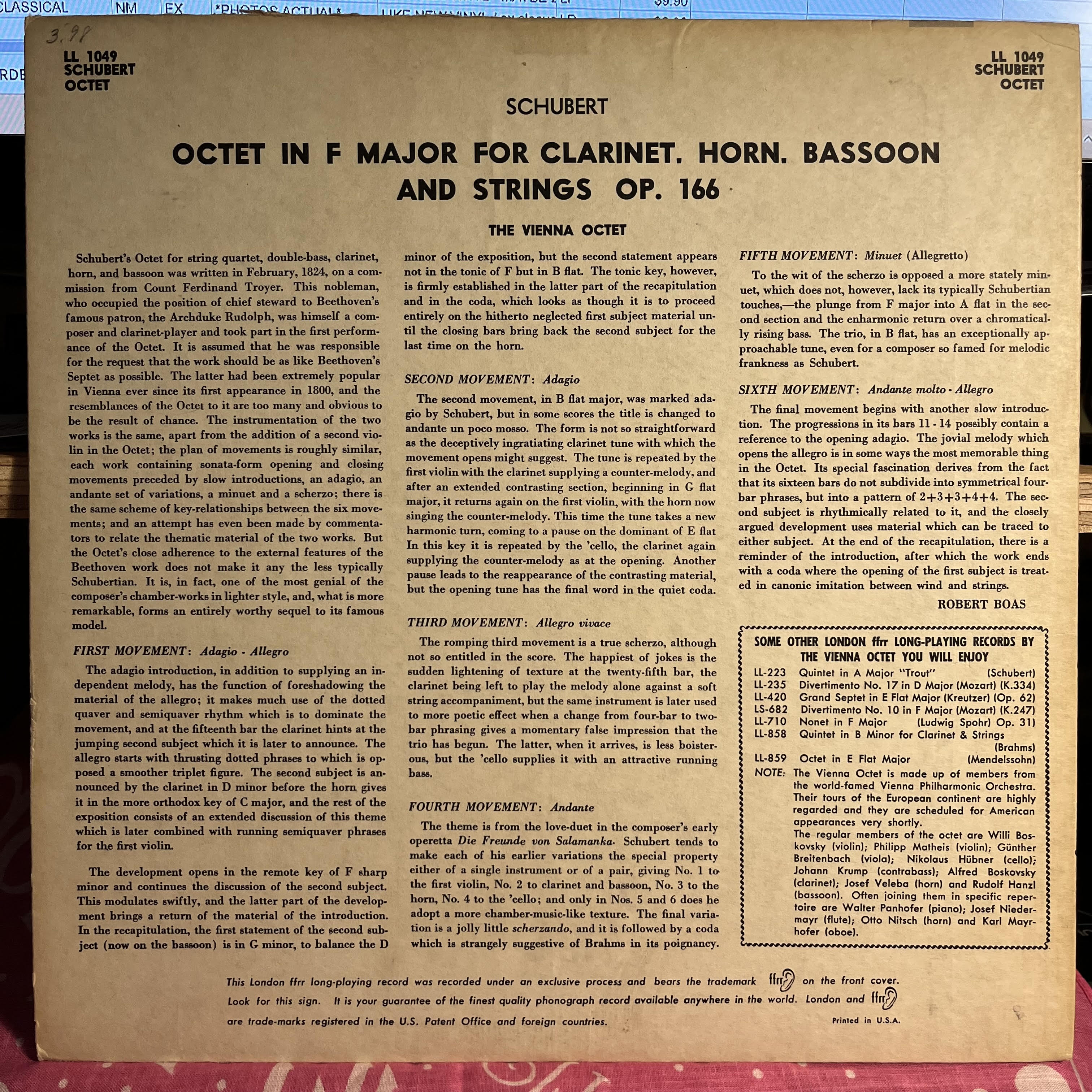 Franz Schubert - Octet In F Major Opus 166 For Clarinet, Horn, Bassoon And Strings | Near Mint (NM) Excellent (EX)