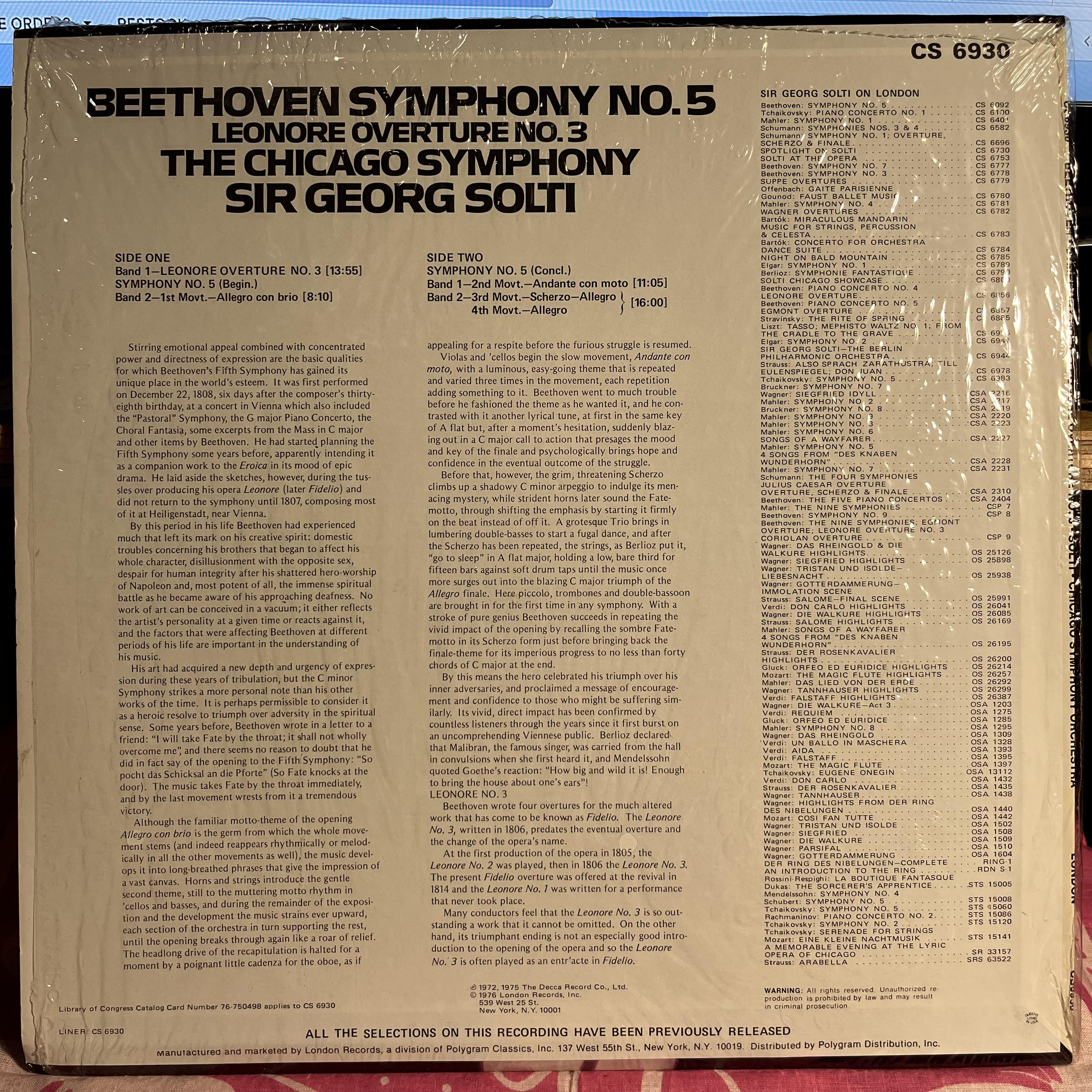Ludwig van Beethoven - Symphony No. 5 / Leonore Overture No. 3 *SHRINK/IMPORT STICKER* | Near Mint (NM) Near Mint (NM)