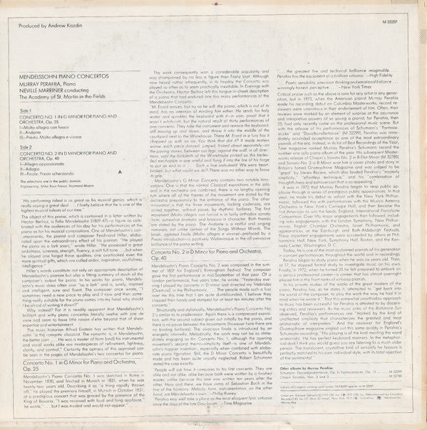 Murray Perahia - Piano Concertos (No. 1 In G Minor, Op. 25 / No. 2 In D Minor, Op. 40) | Near Mint (NM) Excellent (EX)