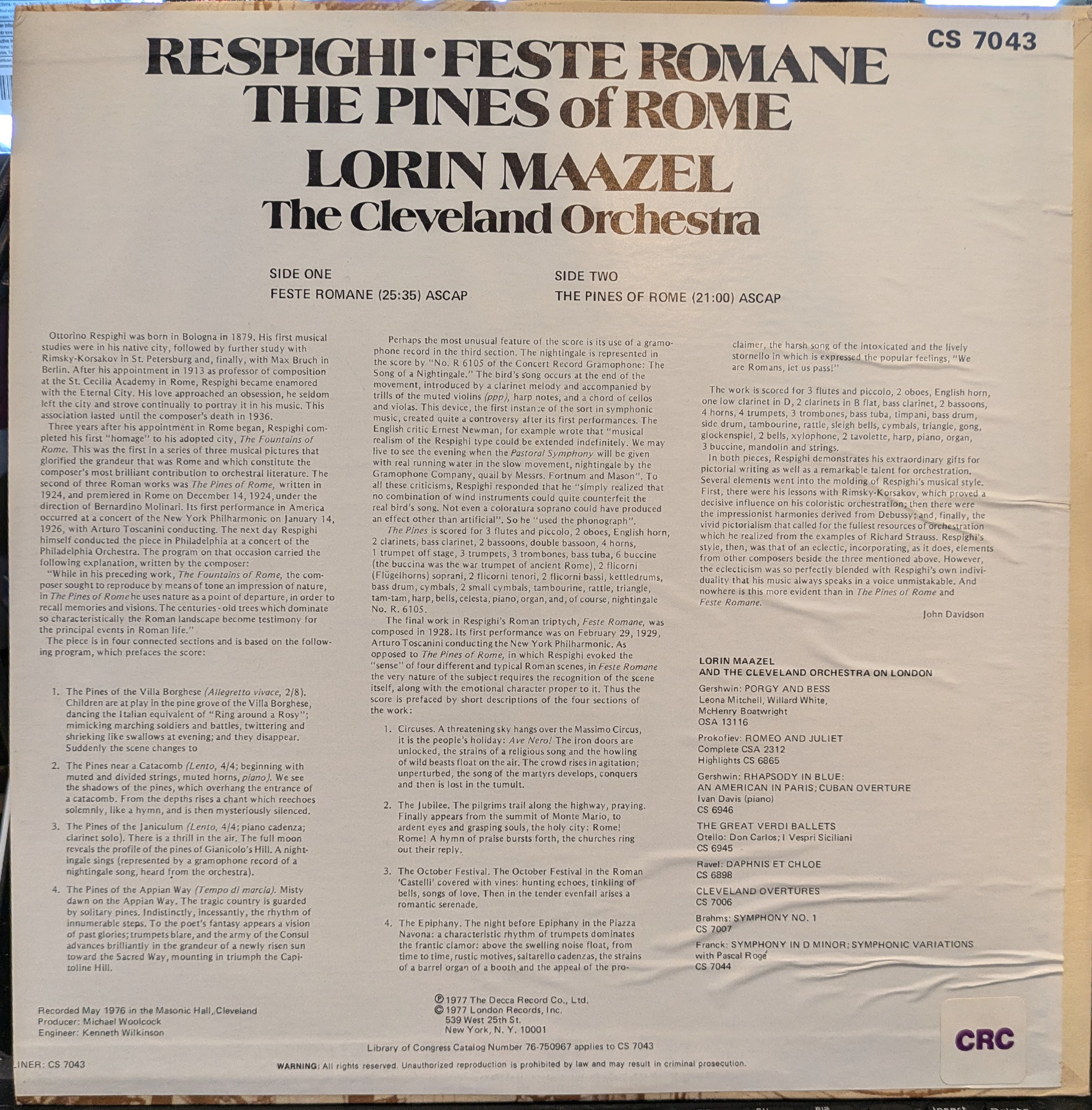 Ottorino Respighi - Feste Romane / The Pines Of Rome | Near Mint (NM) Excellent+ (EX+)