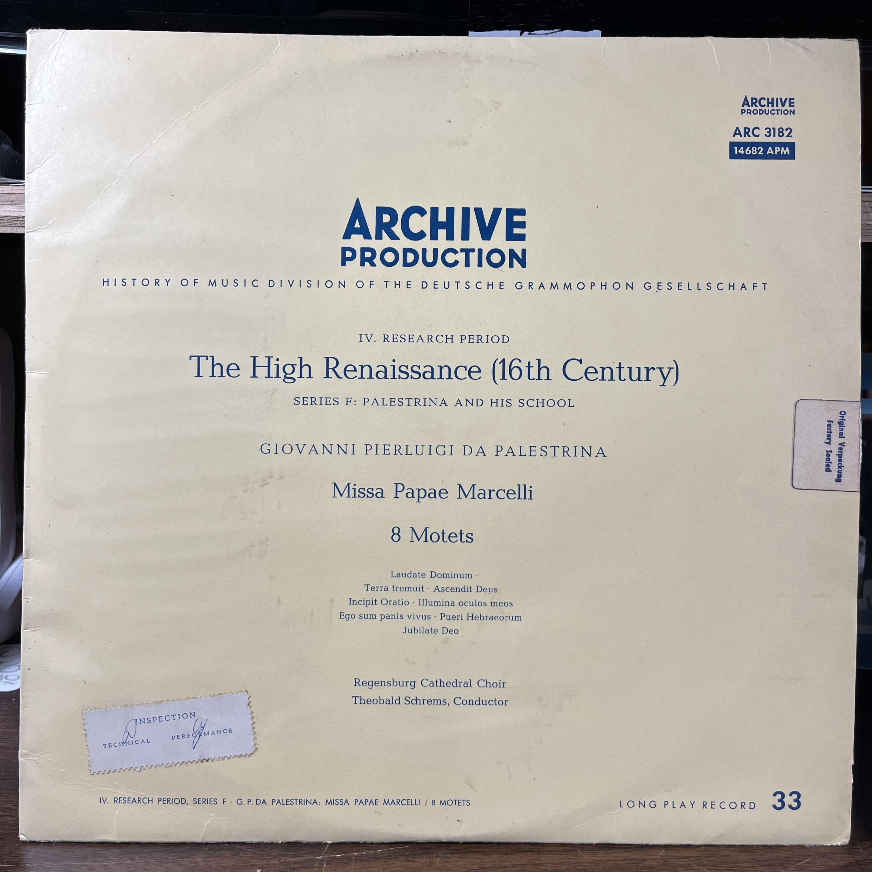 Giovanni Pierluigi Da Palestrina - Missa Papae Marcelli, 8 Motets (VINYL) | Near Mint (NM or M-) Excellent (EX)