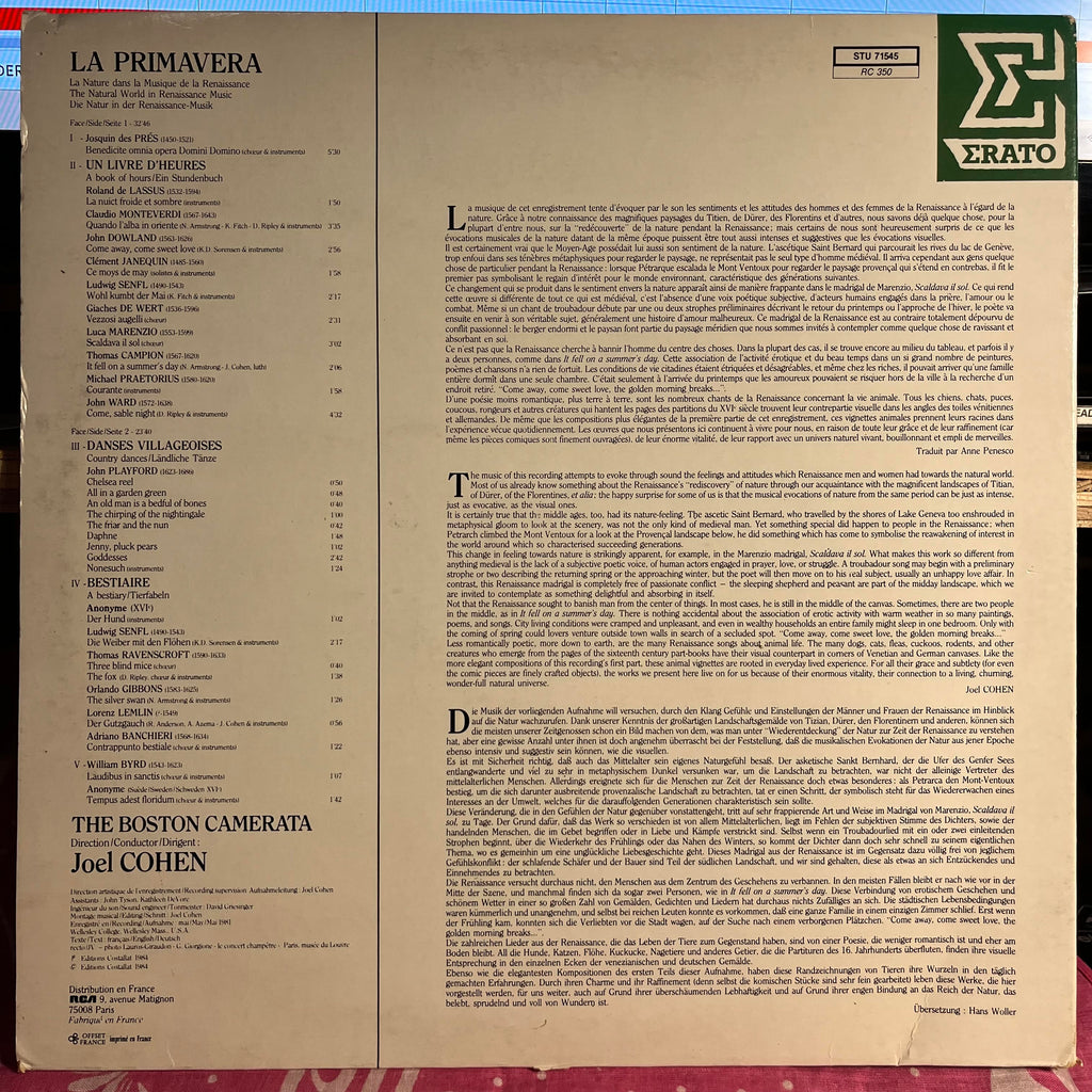 Boston Camerata - La Primavera (La Nature Dans La Musique De La Renaissance) | Near Mint (NM) Near Mint (NM)
