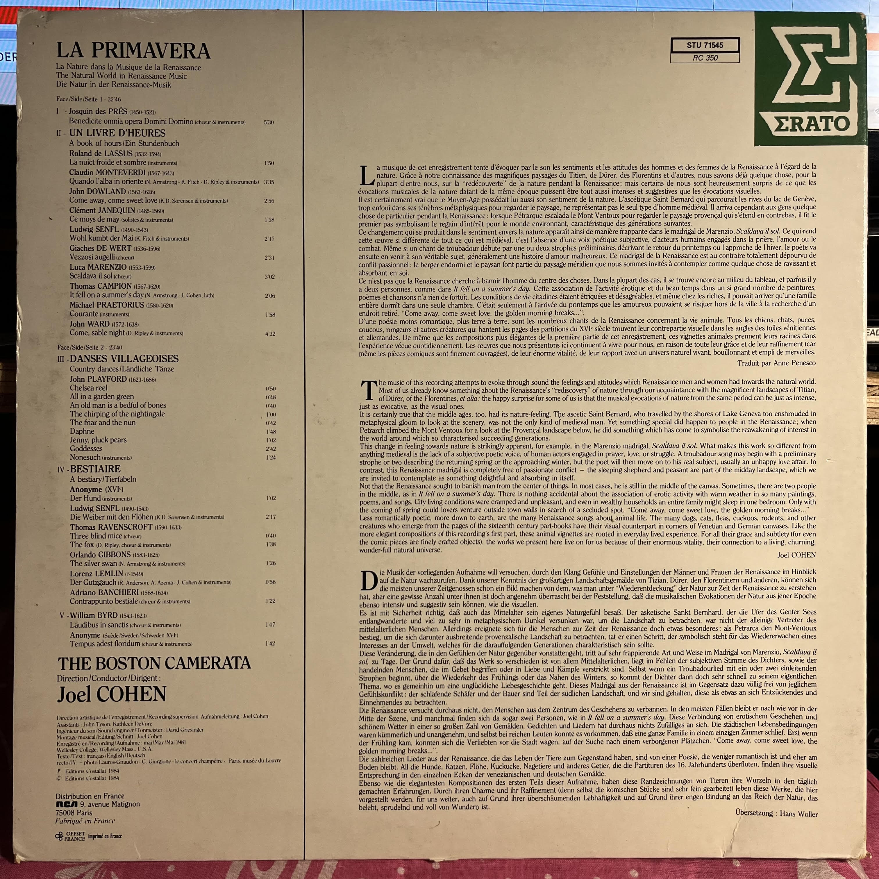 Boston Camerata - La Primavera (La Nature Dans La Musique De La Renaissance) | Near Mint (NM) Near Mint (NM)