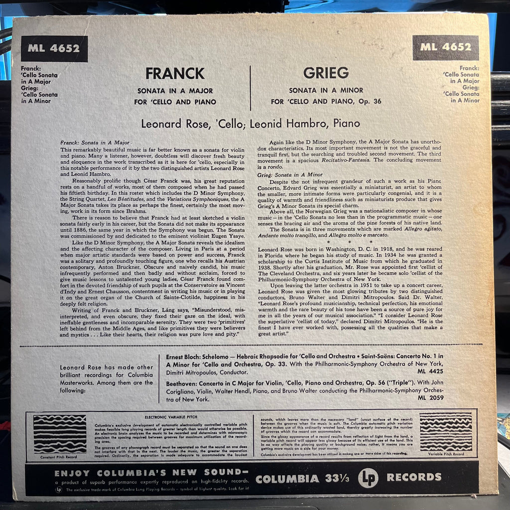 Leonard Rose - Franck: Sonata In A Major / Grieg: Sonata In A Minor | Near Mint (NM) Excellent (EX)