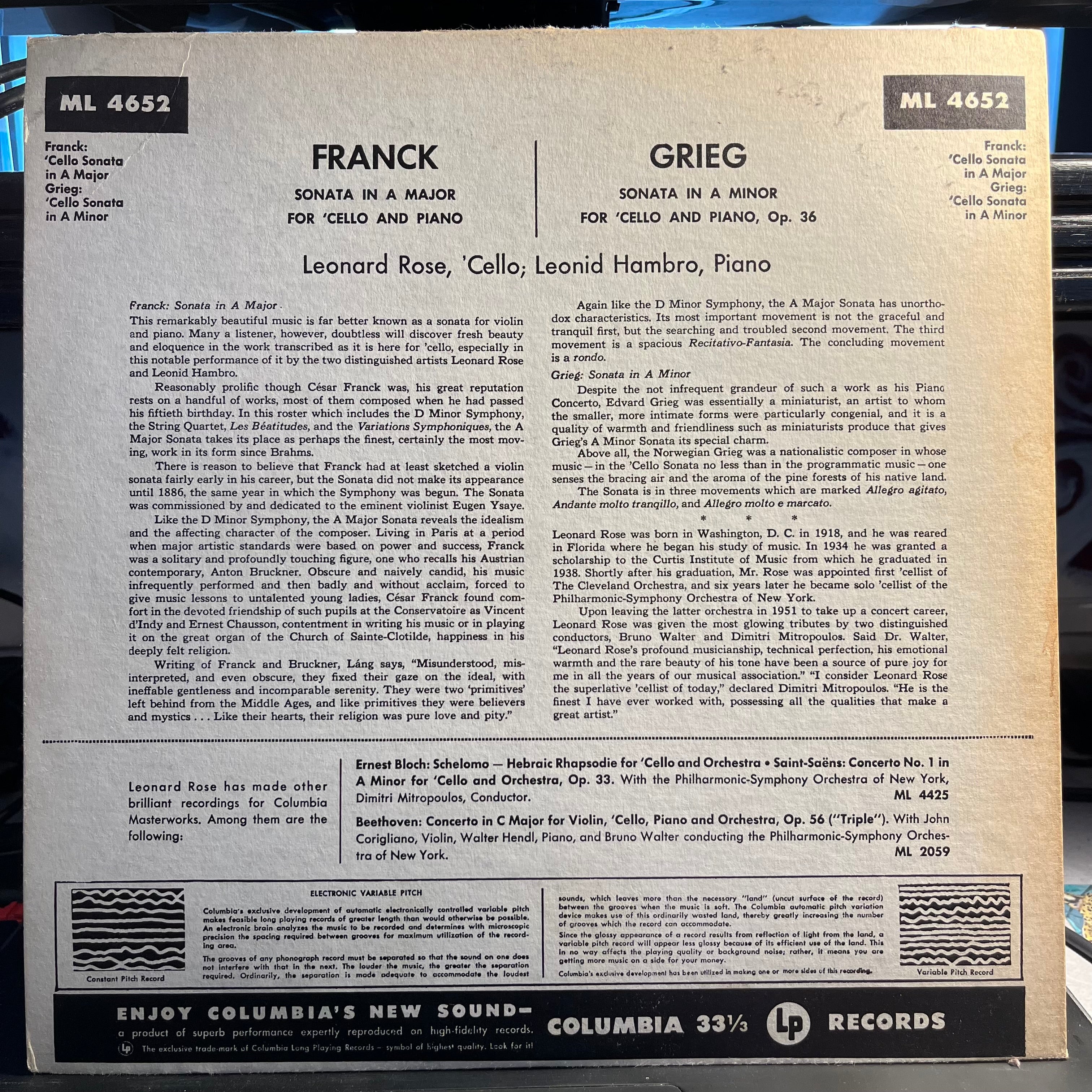 Leonard Rose - Franck: Sonata In A Major / Grieg: Sonata In A Minor | Near Mint (NM) Excellent (EX)
