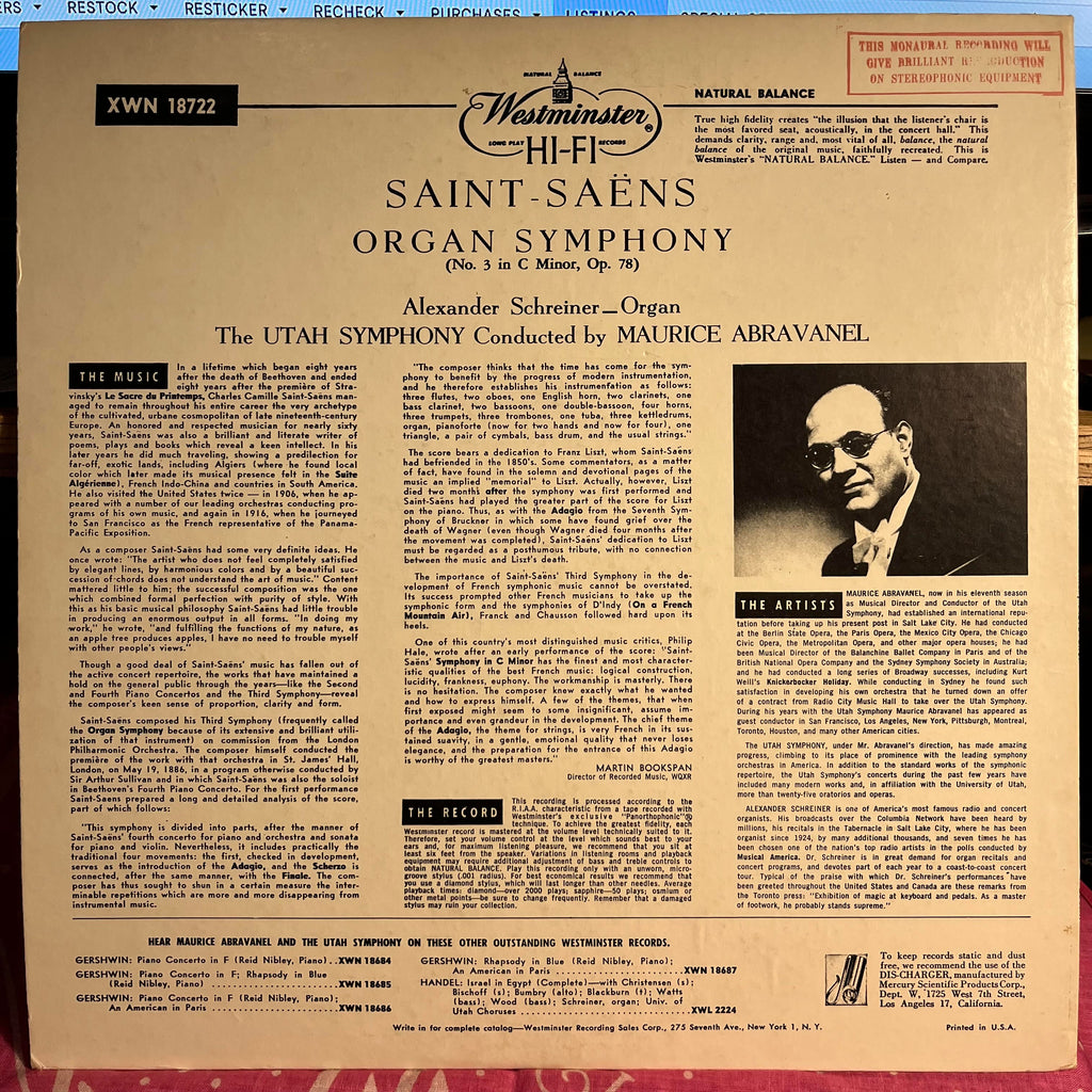 Camille Saint-Saëns - Organ Symphony No.3, C Minor, Op.78 | Near Mint (NM) Near Mint (NM)