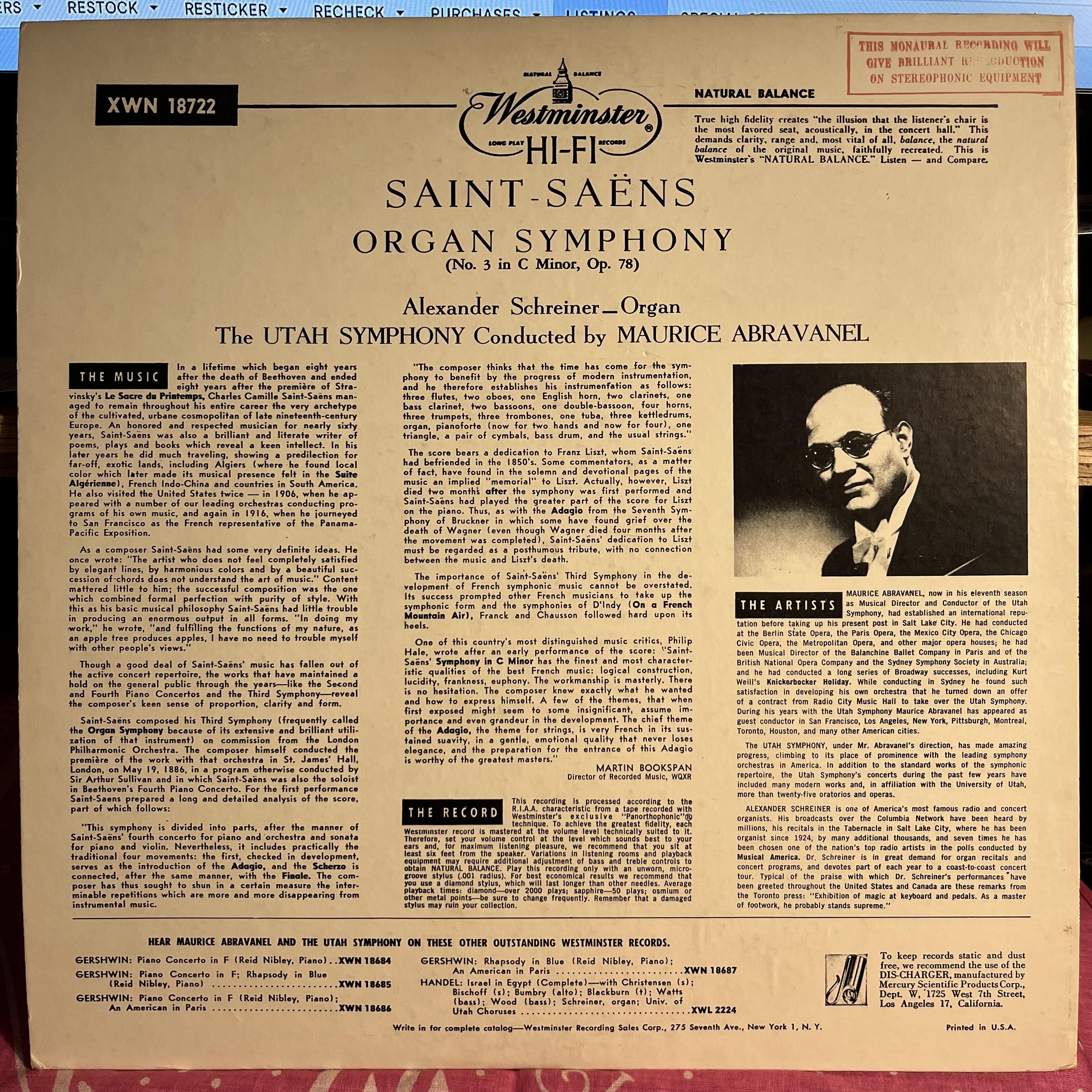 Camille Saint-Saëns - Organ Symphony No.3, C Minor, Op.78 | Near Mint (NM) Near Mint (NM)