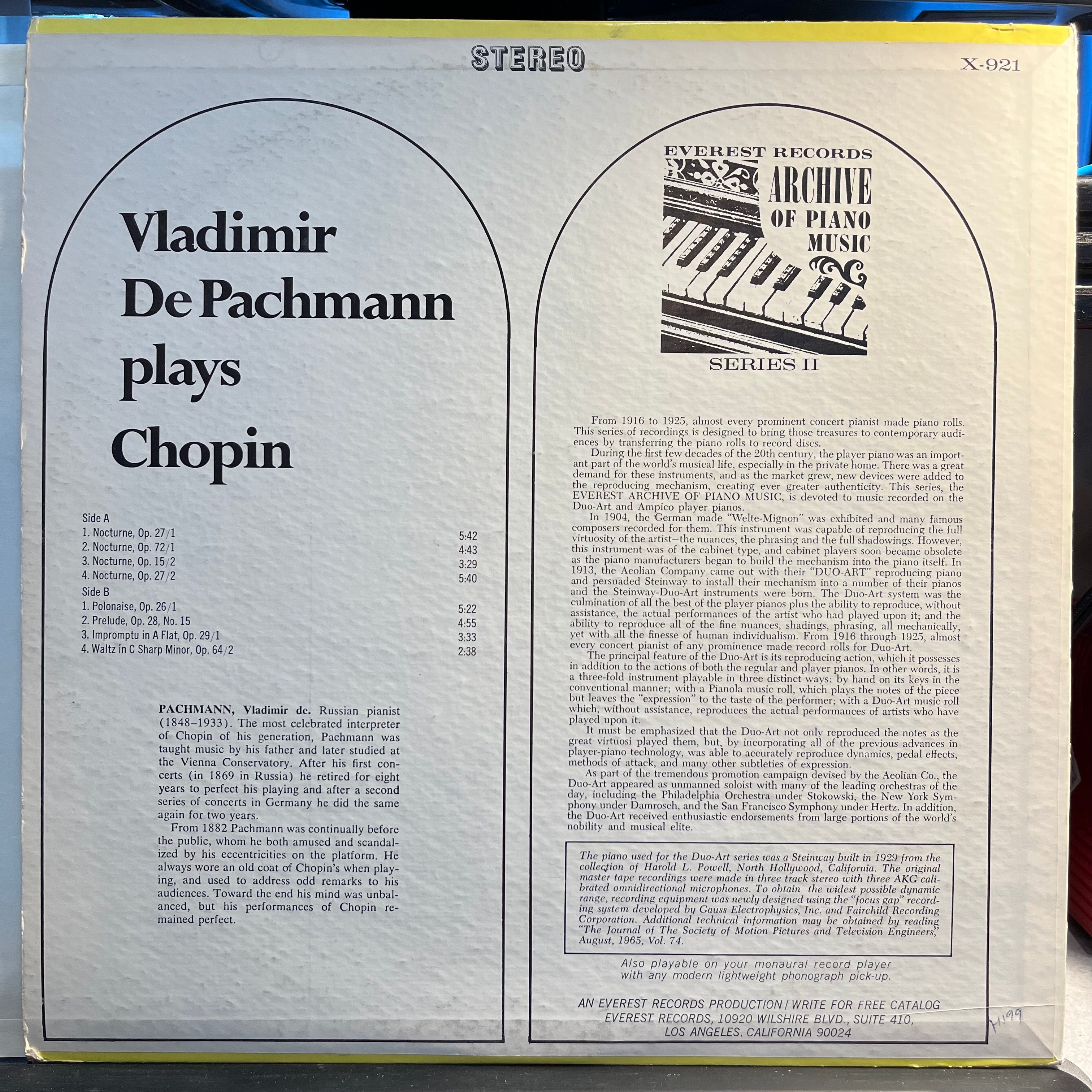 Vladimir De Pachmann - Vladimir De Pachmann Plays Chopin | Very Good Plus (VG+) Excellent (EX)