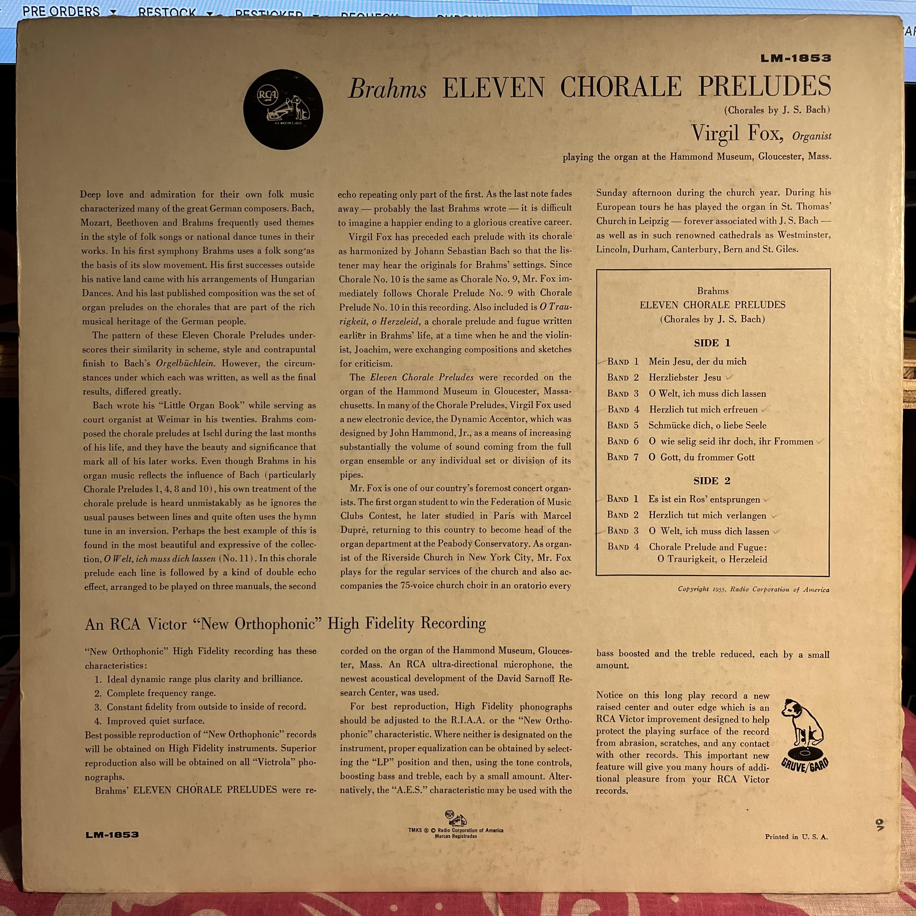 Eleven Chorale Preludes (Complete) | Very Good Plus (VG+) Very Good Plus (VG+)
