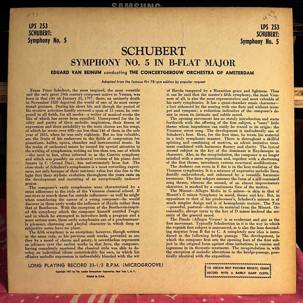 Schubert Symphony No. 5 in B. Flat Major 10" | Very Good (VG) Excellent (EX)