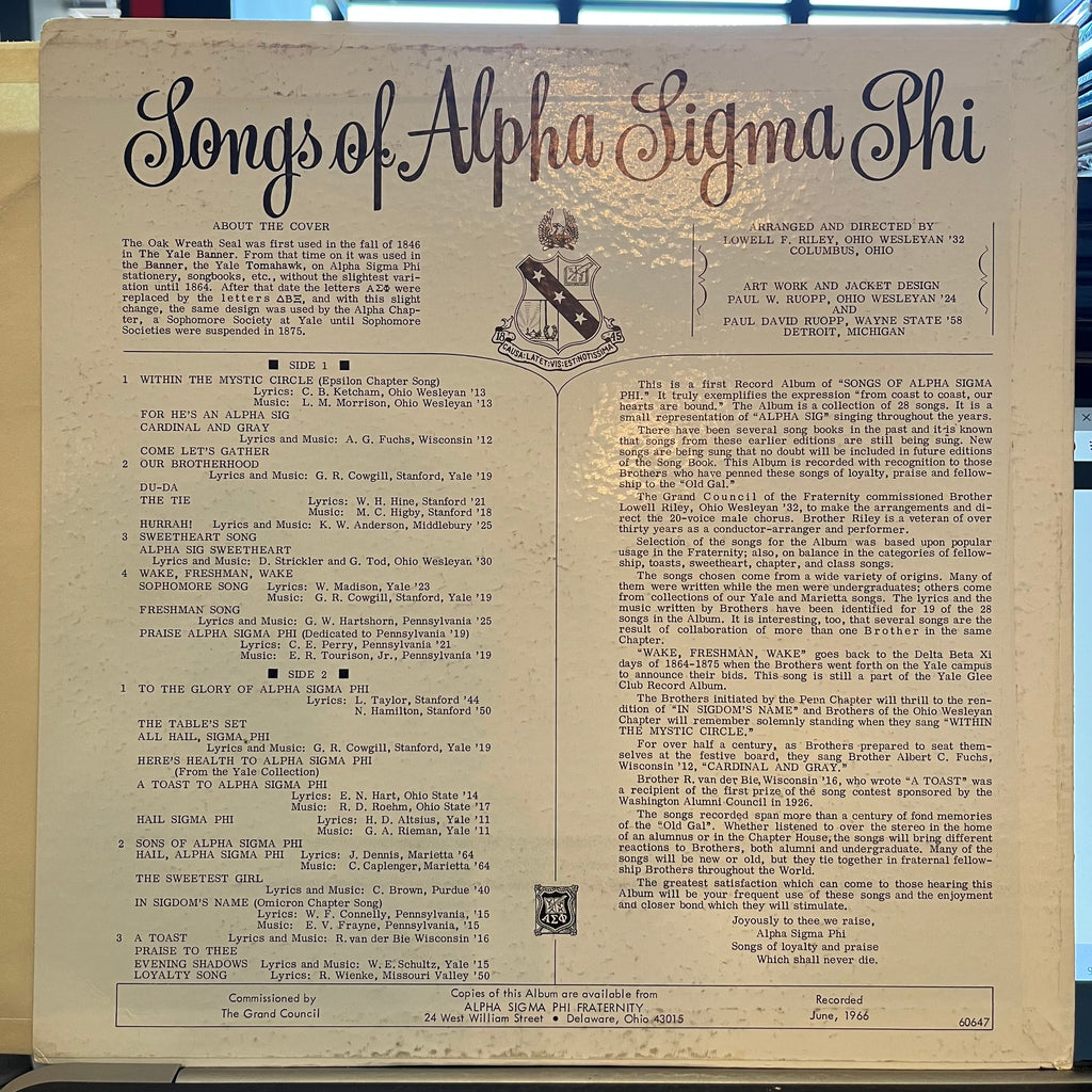 Songs Of Alpha Sigma Phi | Excellent (EX) Very Good Plus (VG+)