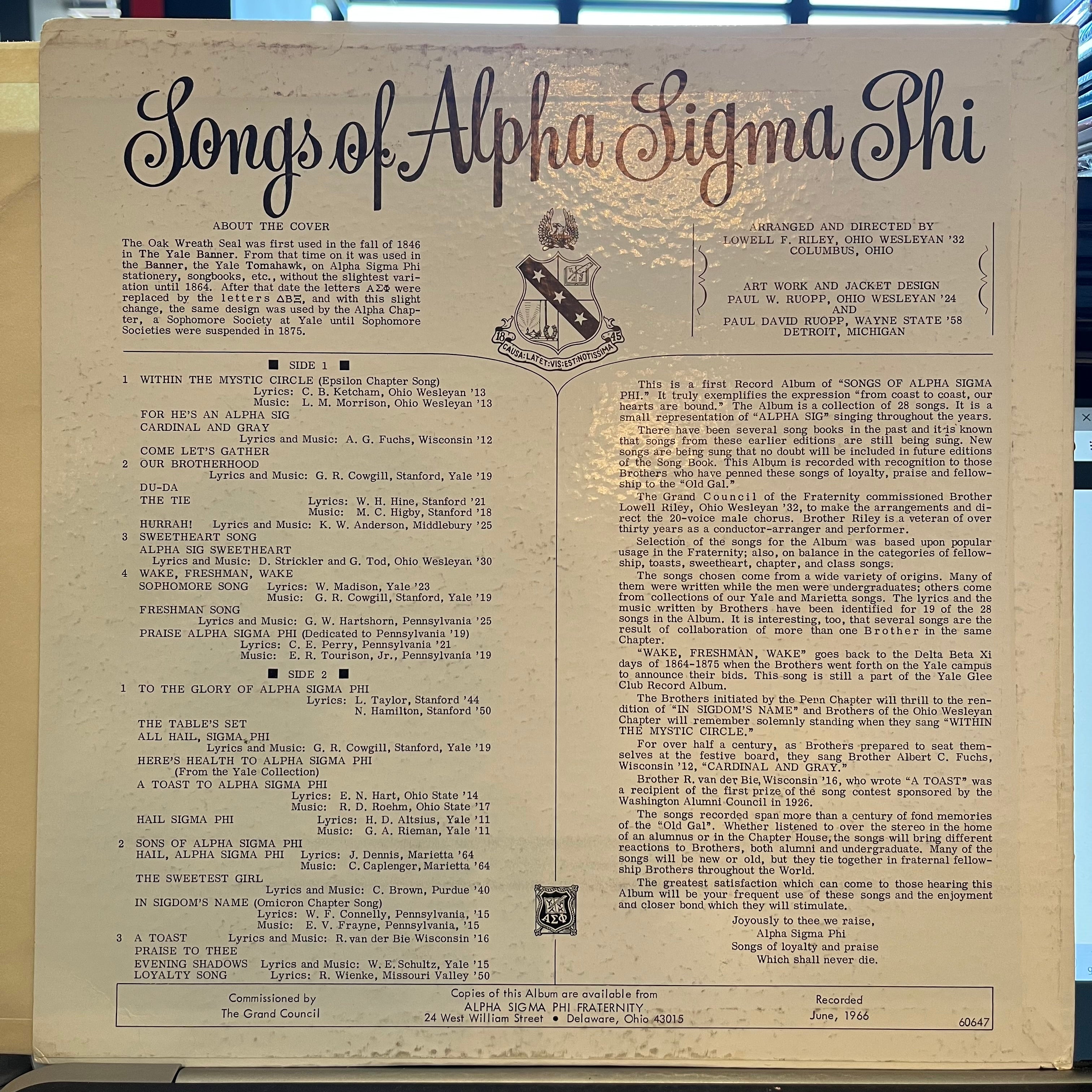 Songs Of Alpha Sigma Phi | Excellent (EX) Very Good Plus (VG+)