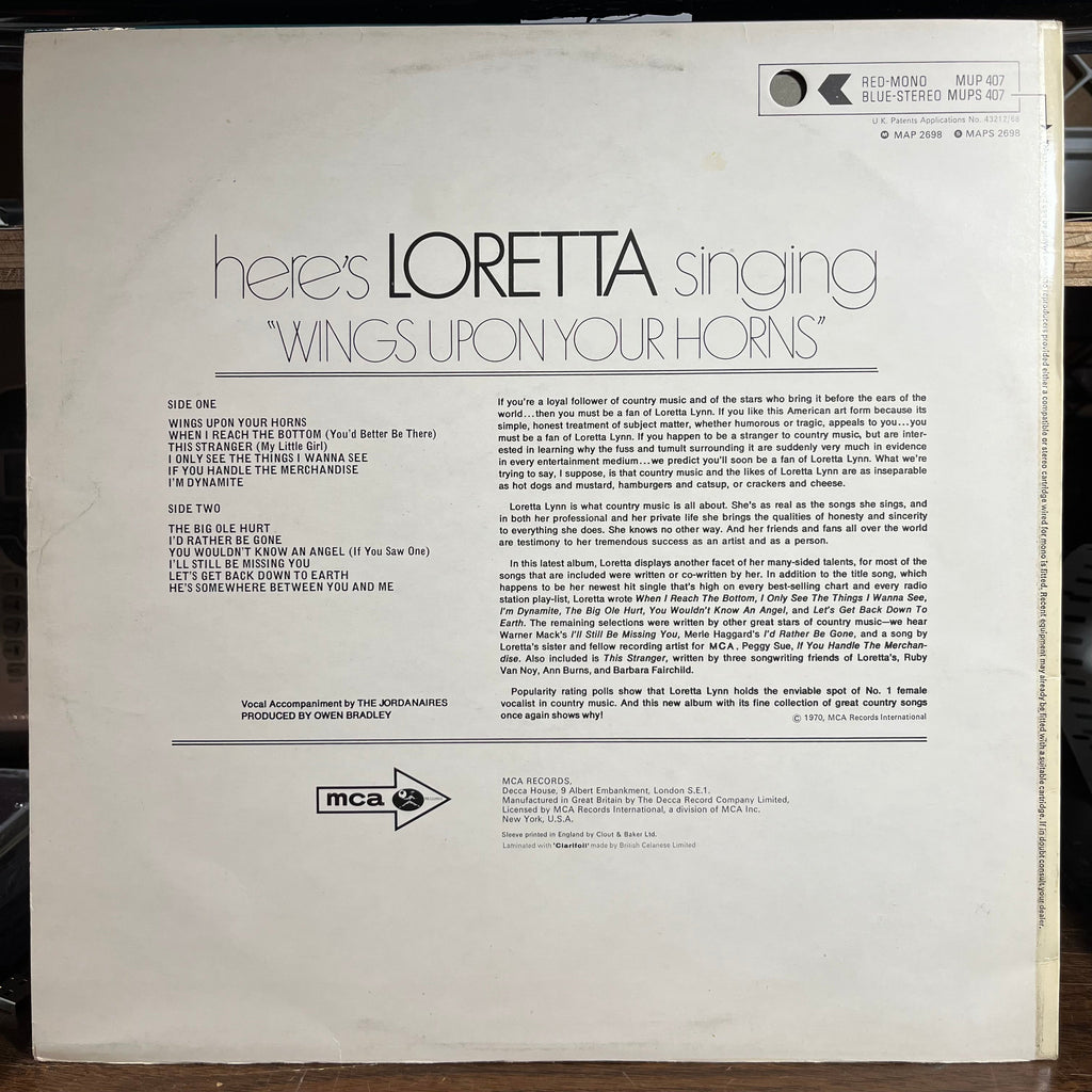 Loretta Lynn - Wings Upon Your Horns (UK VINYL) | Excellent (EX) Near Mint (NM)