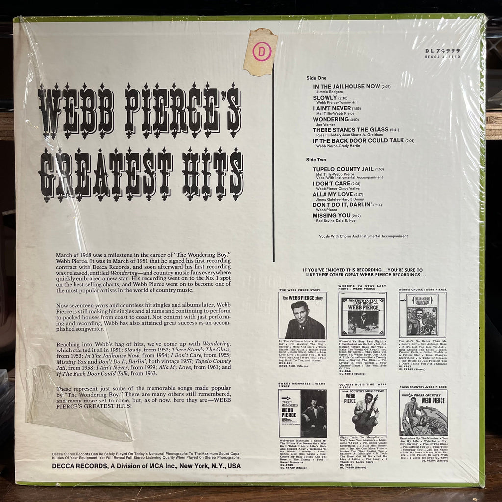 Webb Pierce - Webb Pierce's Greatest Hits (VINYL) | Near Mint (NM) Near Mint (NM)