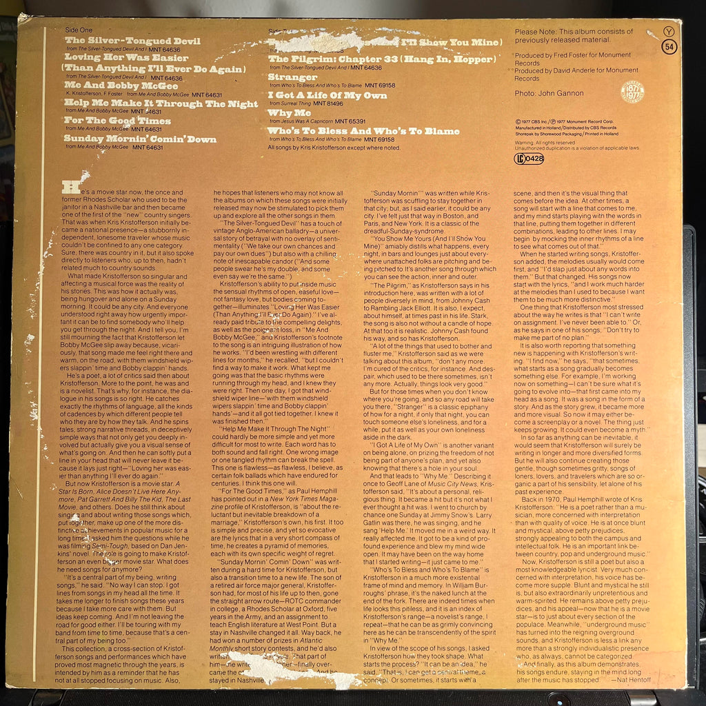 Kris Kristofferson - Songs Of Kristofferson *EUROPE* | Very Good (VG) Very Good (VG)
