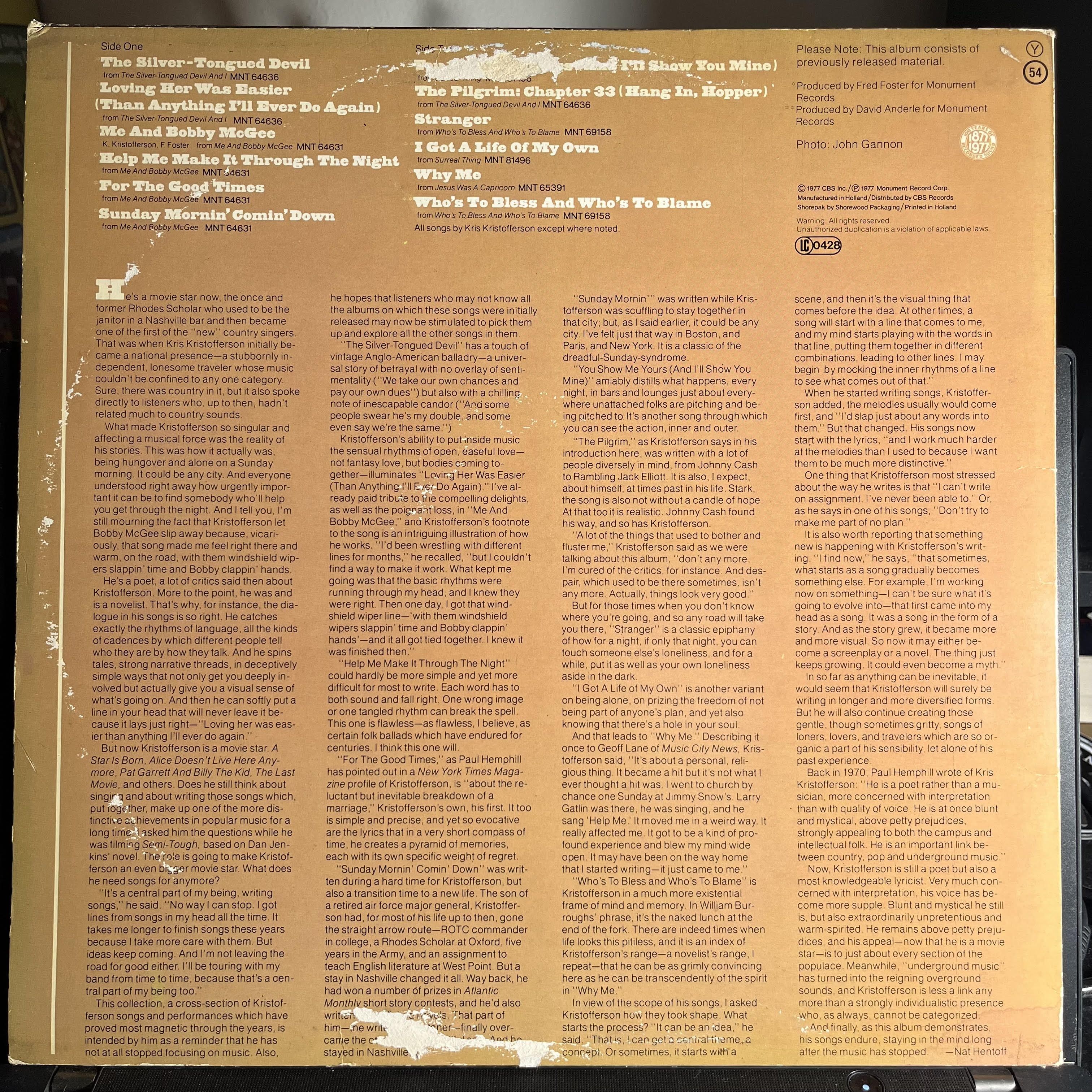 Kris Kristofferson - Songs Of Kristofferson *EUROPE* | Very Good (VG) Very Good (VG)