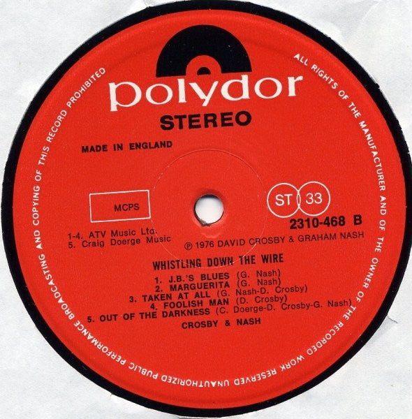 Crosby & Nash - Whistling Down The Wire | Very Good Plus (VG+) Near Mint (NM)