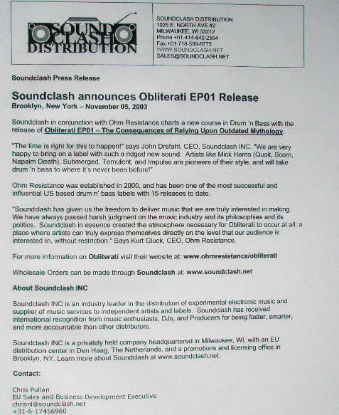 Various - Obliterati EP 1 - The Consequences Of Relying Upon Outdated Mythology | Excellent (EX) Very Good Plus (VG+)