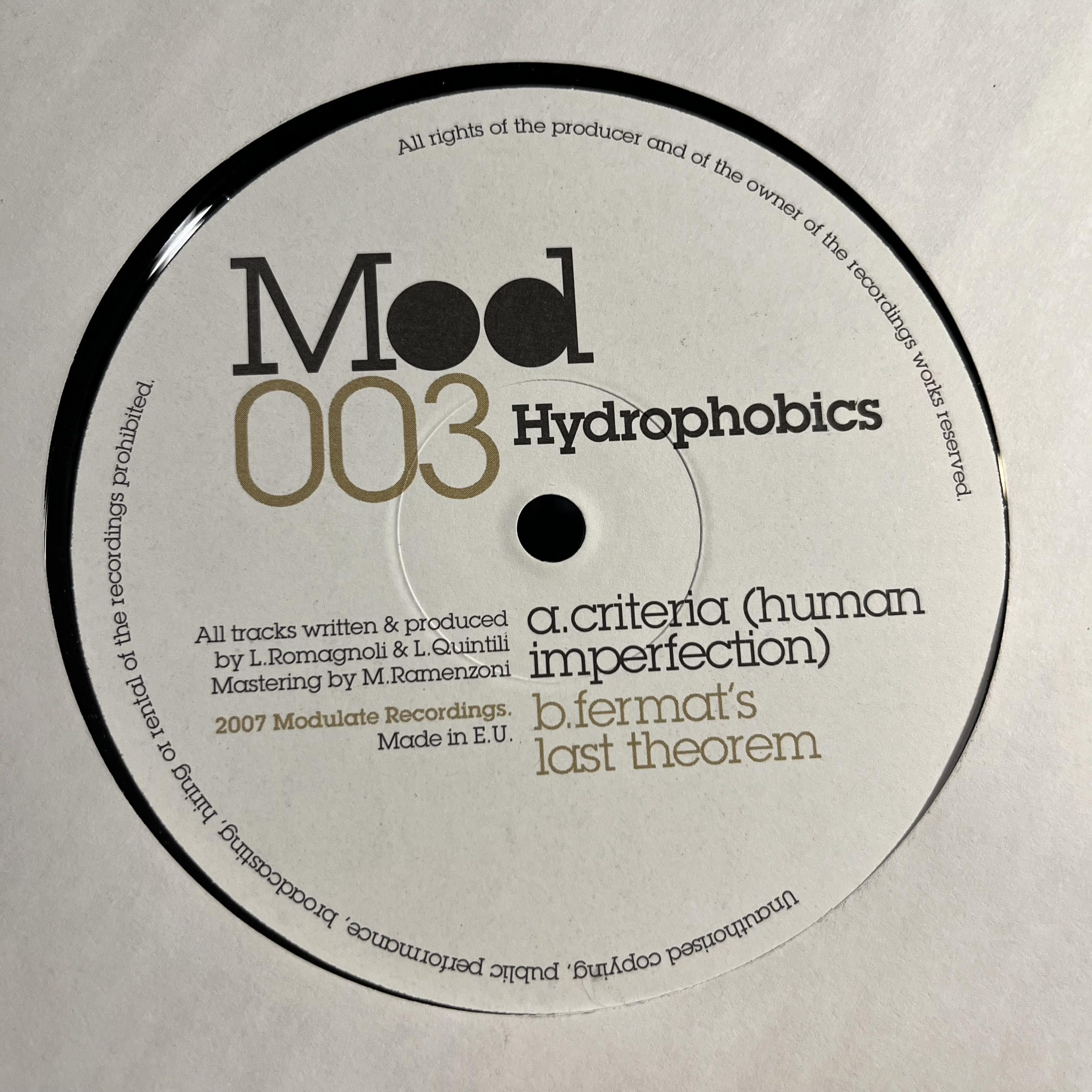 Hydrophobics - Criteria (Human Imperfection) / Fermat's Last Theorem | Near Mint (NM) Generic