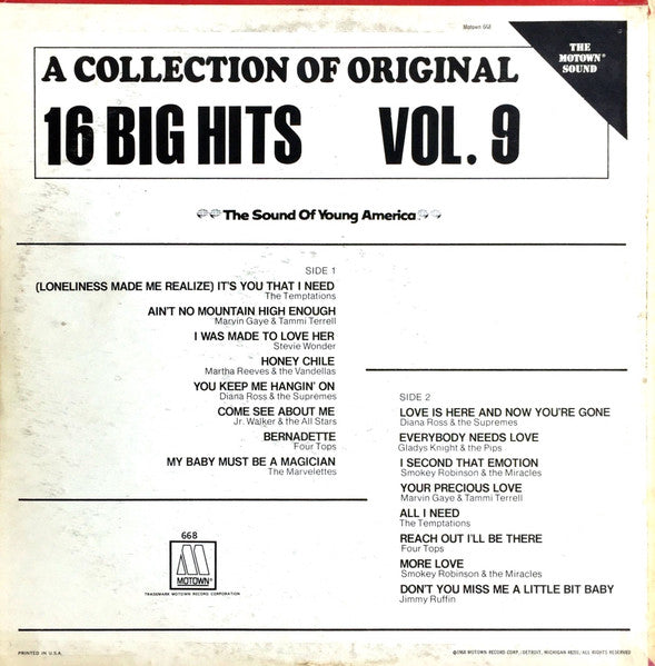 Various - The Motown Sound (A Collection Of 16 Original Hits Vol. 9) (VINYL) | Excellent (EX) Very Good Plus (VG+)