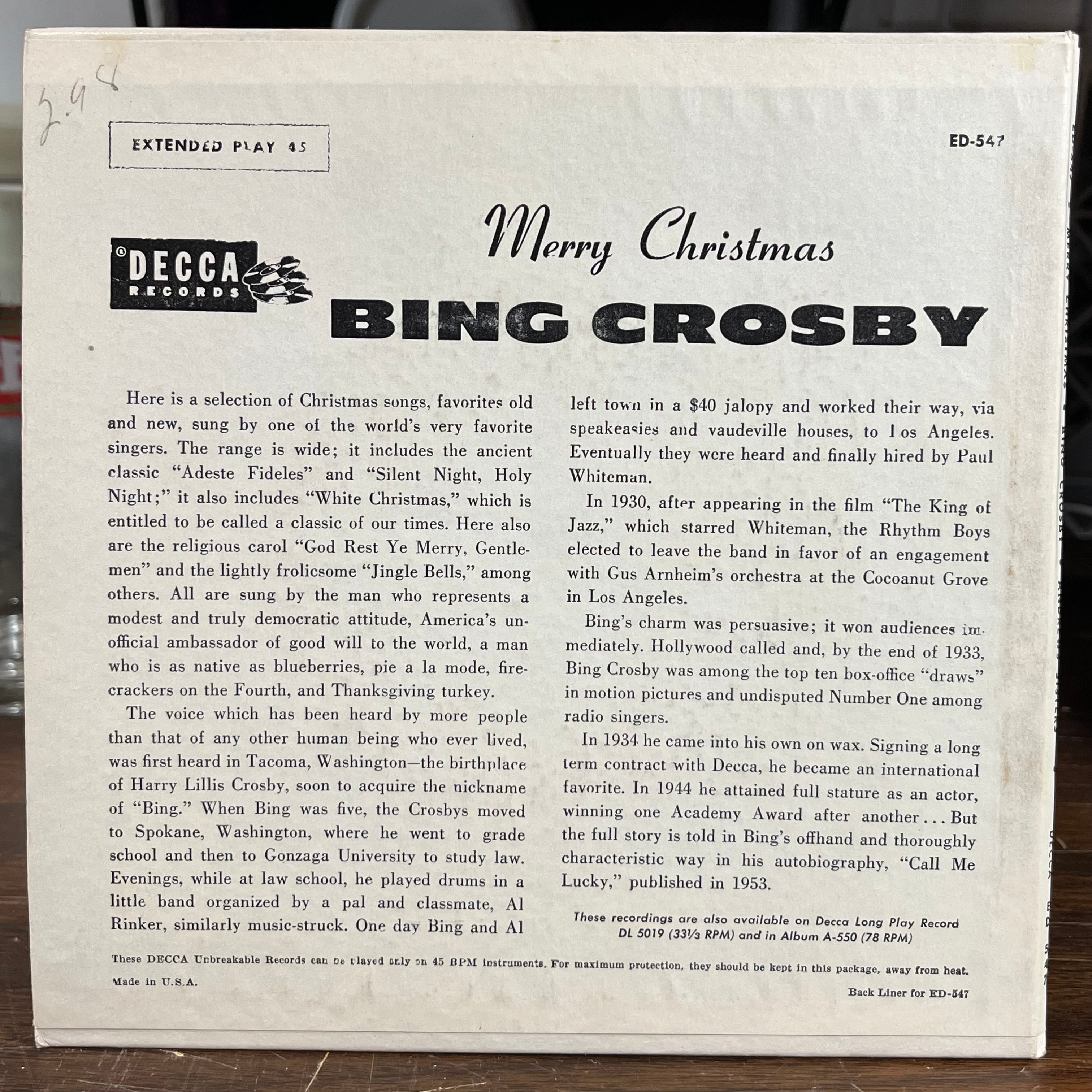 Bing Crospby - Merry Christmas (2X7" VINYL) | Excellent (EX) Near Mint (NM)