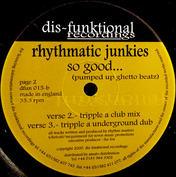 Rhythmatic Junkies - So Good... (Pumped Up Ghetto Beatz) | Very Good Plus (VG+) Near Mint (NM)