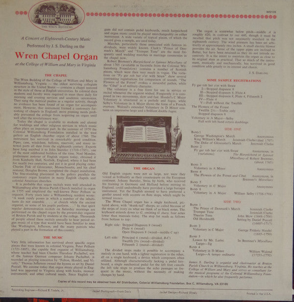 A Concert Of Eighteenth-Century Music Performed By J. S. Darling On The Wren Chapel Organ At The College Of William And Mary In Virginia | Near Mint (NM) Very Good Plus (VG+)