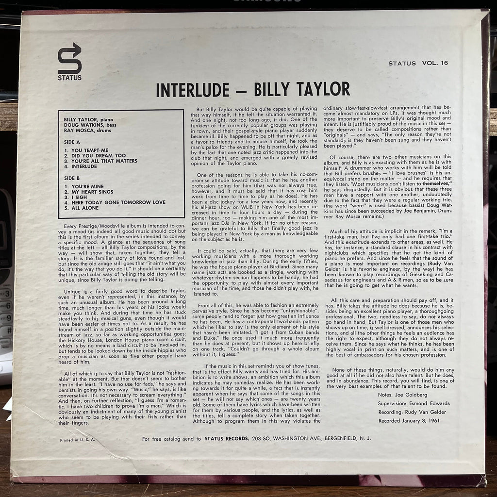 Billy Taylor - Interlude (VINYL) | Excellent+ (EX+) Near Mint (NM)
