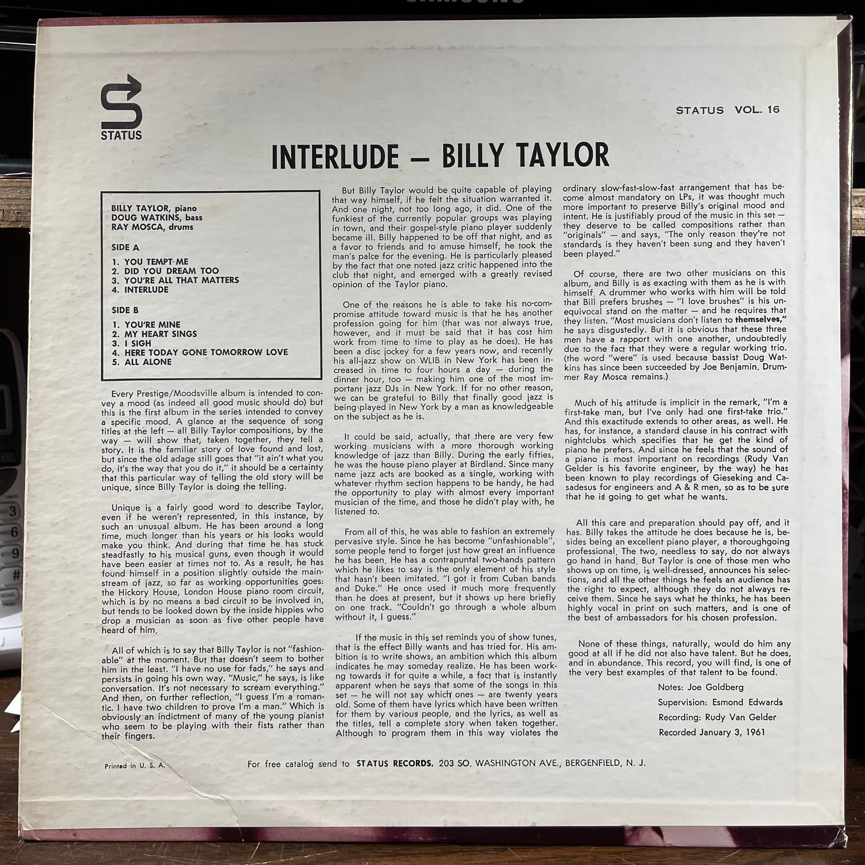 Billy Taylor - Interlude (VINYL) | Excellent+ (EX+) Near Mint (NM)