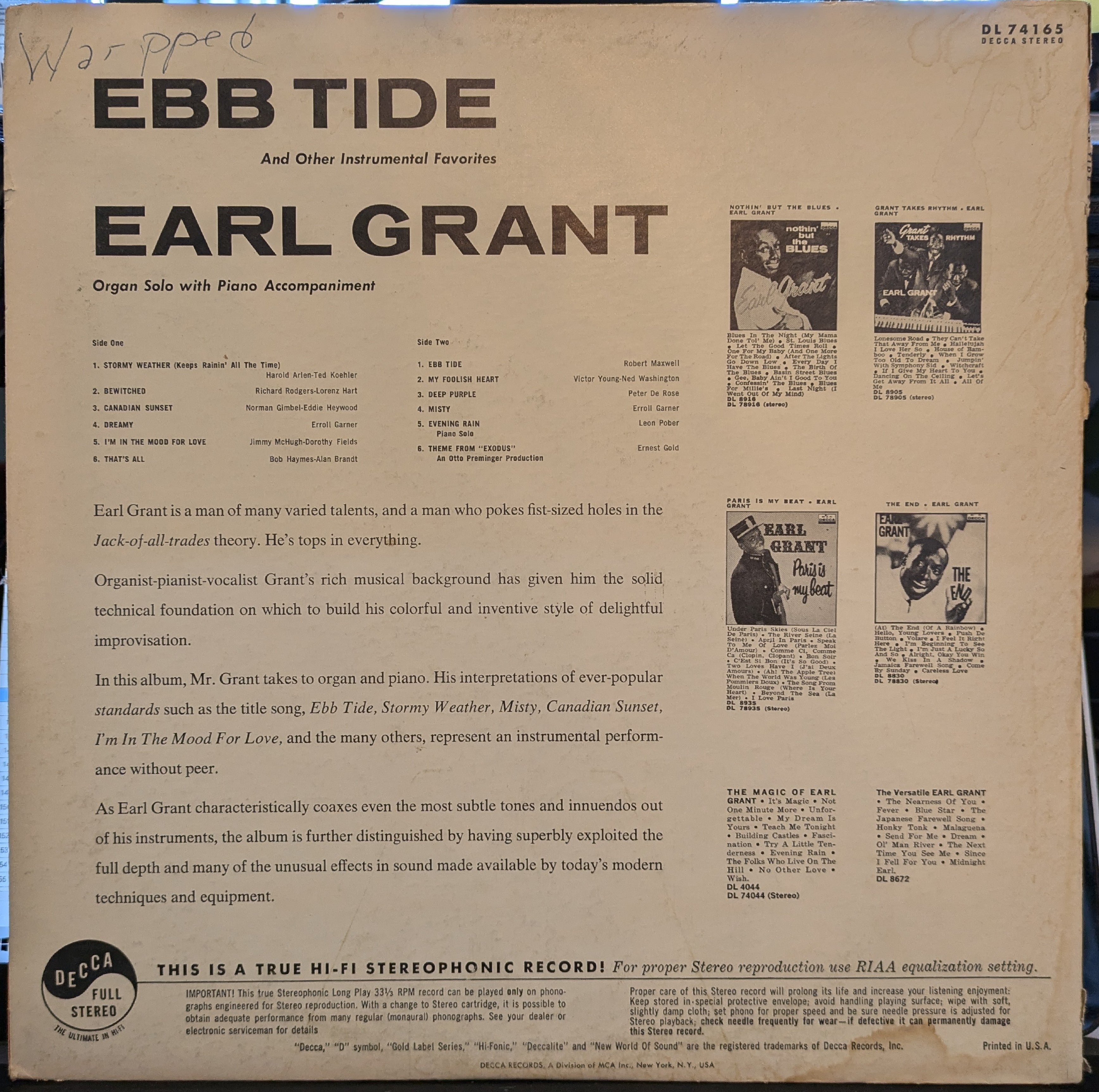 Earl Grant - Ebb Tide And Other Instrumental Favorites | Excellent (EX) Excellent (EX)