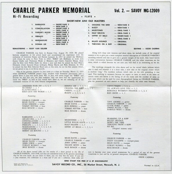 Charlie Parker Memorial Vol. 2 (CD) | Near Mint (NM or M-) Good Plus (G+)