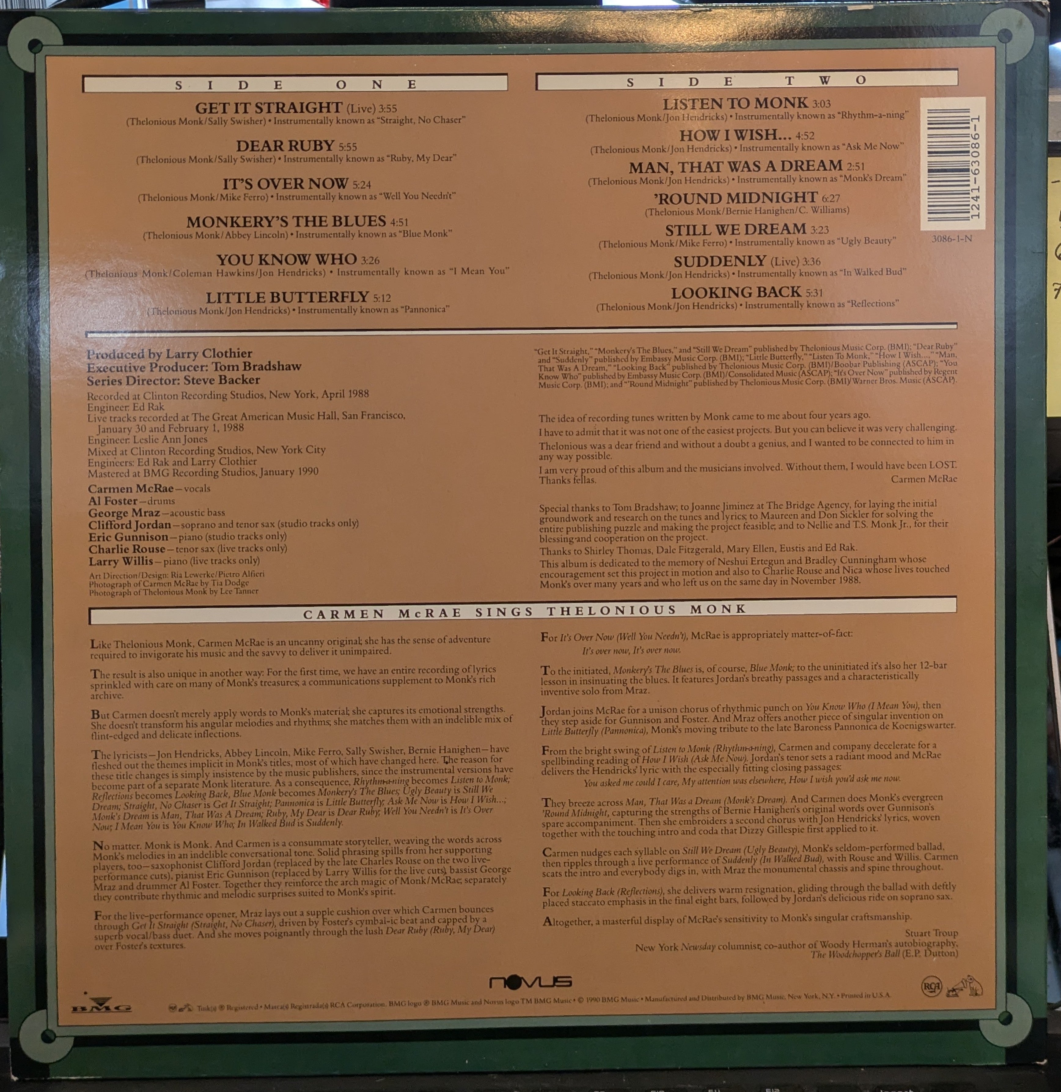 Carmen McRae - Carmen Sings Monk (VINYL) | Near Mint (NM) Near Mint (NM)