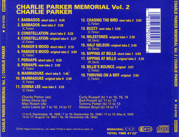 Charlie Parker Memorial Vol. 2 (CD) | Near Mint (NM or M-) Good Plus (G+)